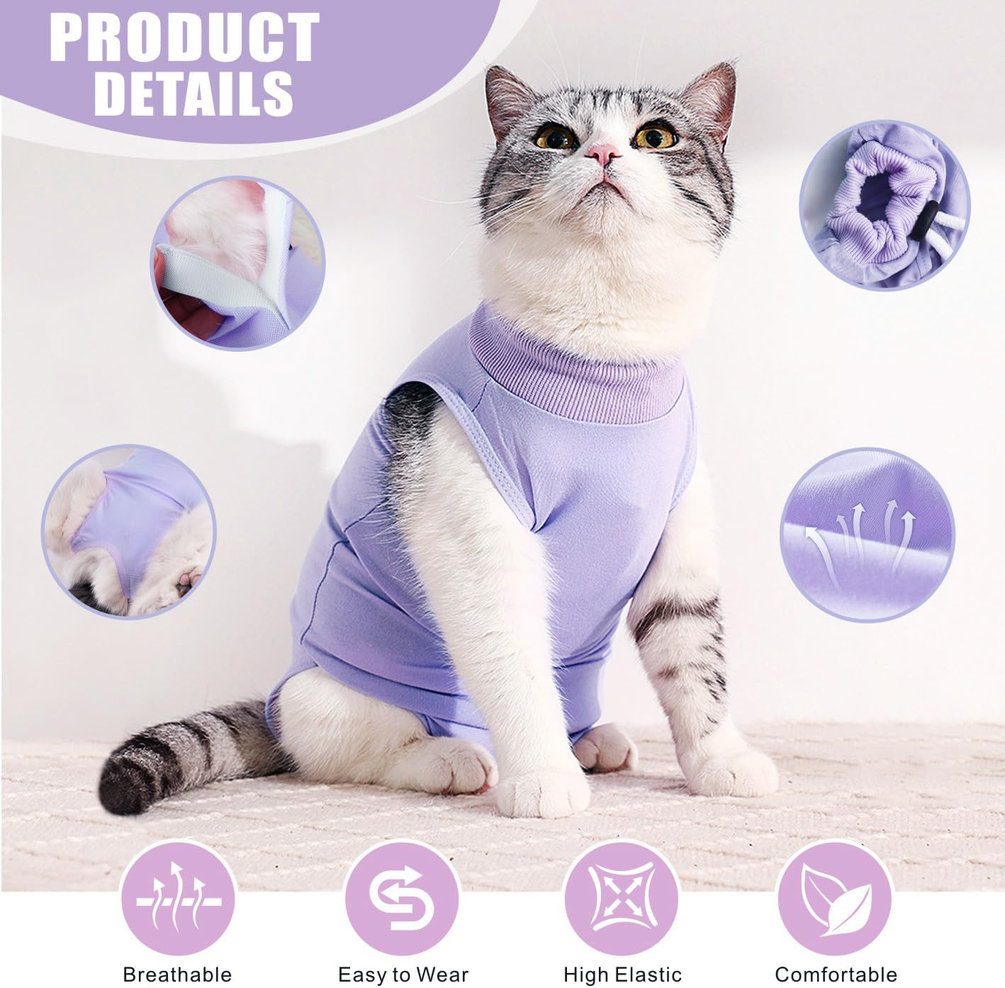 Idepet Cat Surgery Recovery Suit Kitten Onesie for Cats After Surgery Female Breathable Kitty Spay Suit for Abdominal Wound Skin Diseases E-Collar Alternative Wear(Purple,M)