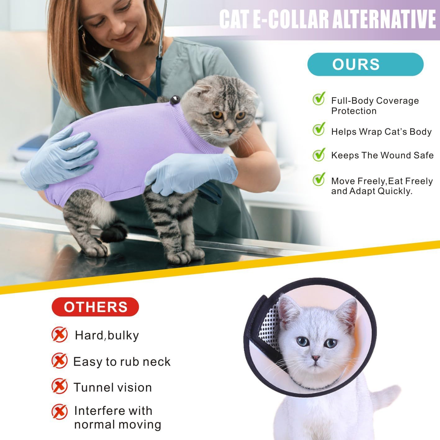 Idepet Cat Surgery Recovery Suit Kitten Onesie for Cats After Surgery Female Breathable Kitty Spay Suit for Abdominal Wound Skin Diseases E-Collar Alternative Wear(Purple,M)