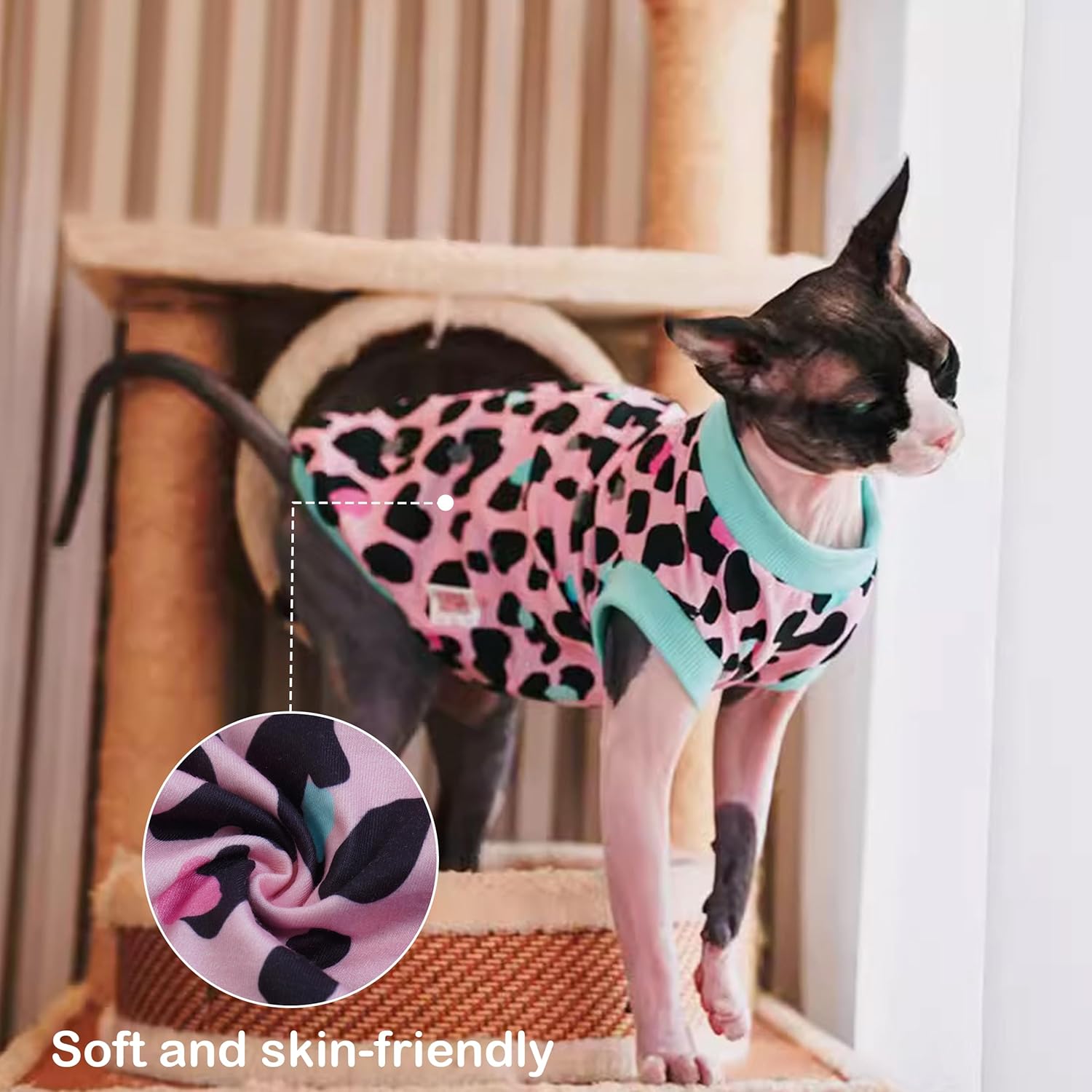 PUMYPOREITY Sphynx Cat Clothes, Stretchy Cat Sweater, Soft Hairless Cats Shirt, Pullover Cat Pajamas, Cat Turtleneck for Sphynx Cornish Rex, Devon Rex, Pink, M