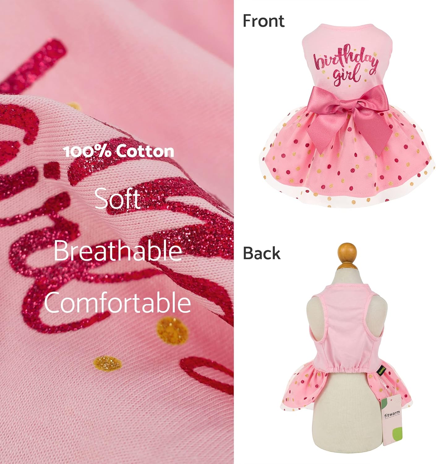 Fitwarm Birthday Girl Dog Tulle Dress, Dog Clothes for Small Dogs Girl, Cat Apparel, Pink, Large