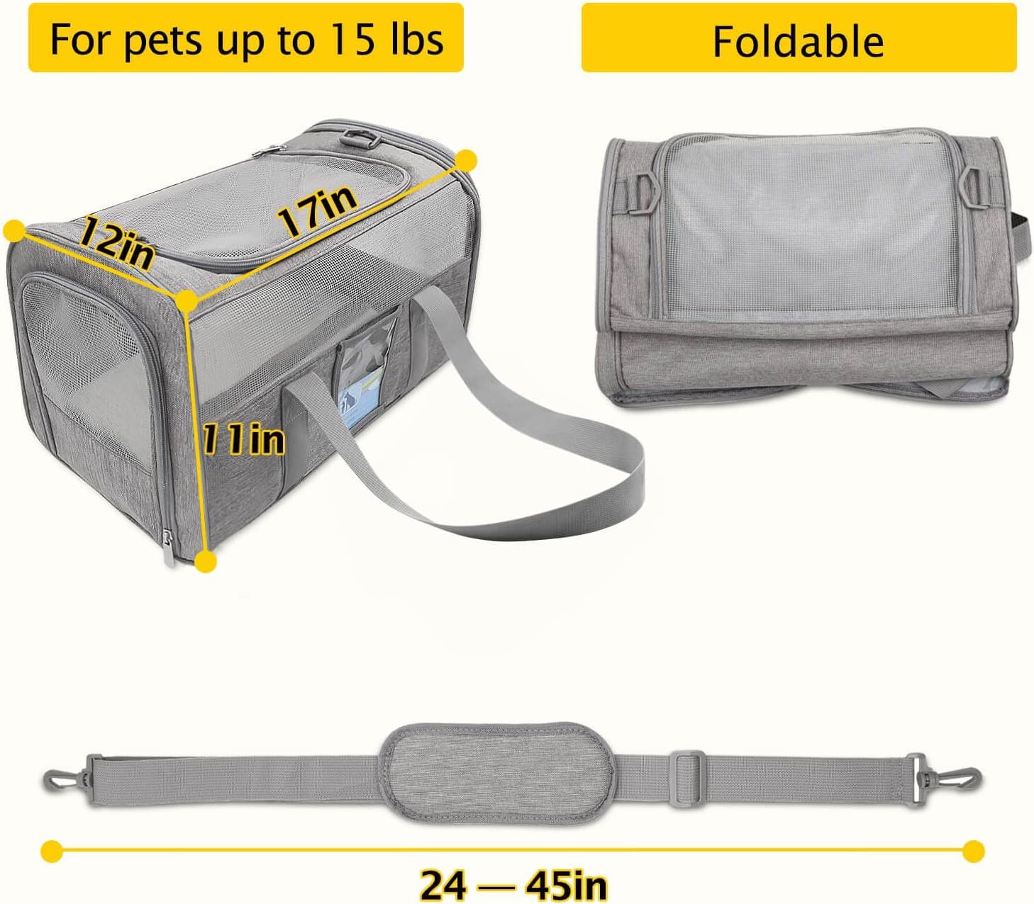 Refrze Cat Carrier,Dog Carriers for Small Dogs Medium Cats Pet Carrier up to 15 Lbs, TSA Airline Approved Cat Carrier Soft, Cat Dog Crate Travel Bag,Grey