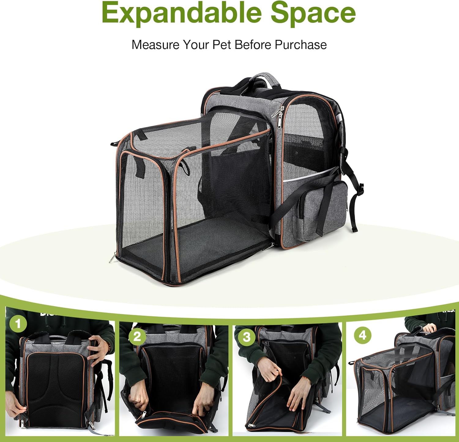 Lekebobor Large Cat Backpack Carrier Expandable Pet Carrier Backpack for Small Dogs Medium Cats Fit Up to 18 Lbs, Dog Backpack Carrier, Foldable Puppy Backpack Carrier for Travel, Hiking,Grey