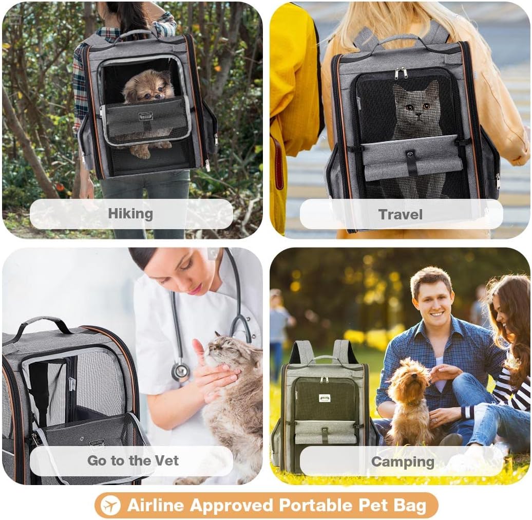 Lekebobor Large Cat Backpack Carrier Expandable Pet Carrier Backpack for Small Dogs Medium Cats Fit Up to 18 Lbs, Dog Backpack Carrier, Foldable Puppy Backpack Carrier for Travel, Hiking,Grey