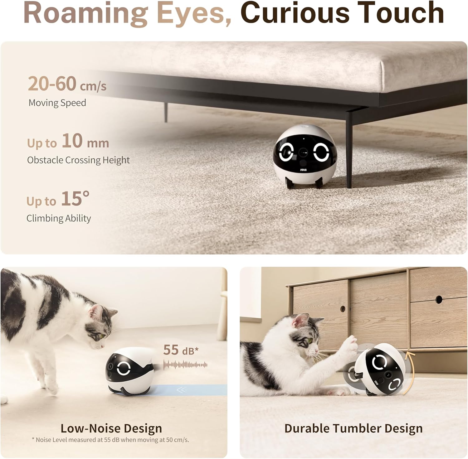 Enabot EBO ROLA Mini 2K Camera Robot: Movable Pet Camera Battery-Powered with Phone App, Indoor Cam w/One-Touch Call, 2-Way Talk, Night Vision, Motion Detection, Video Recording