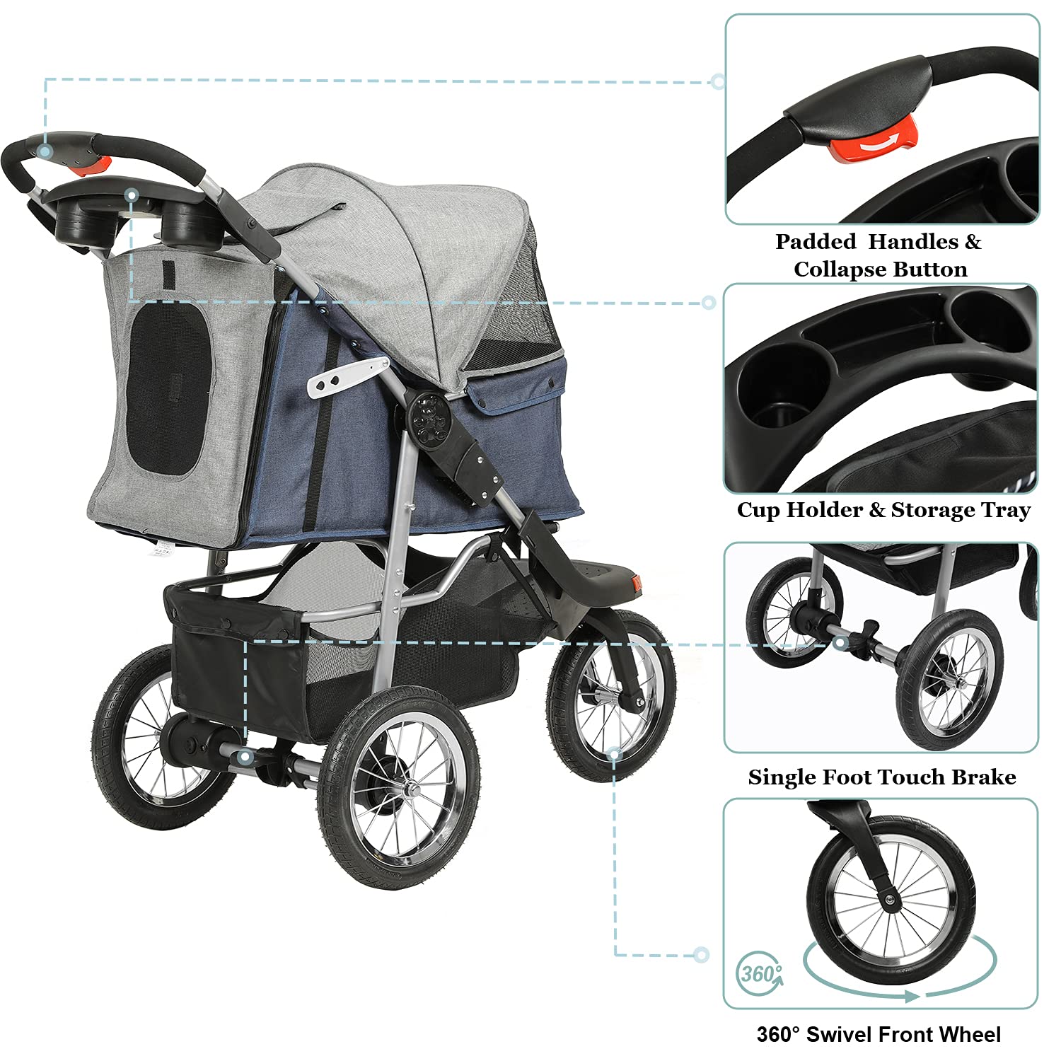 VIAGDO Premium Heavy Duty Pet Stroller for Small Medium Dogs & Cats, 3-Wheel Cat Stroller, Foldable Dog Stroller with Suspension System/Link Brake/One-Hand Fold, Max. Loading 55 LBS Blue&Grey