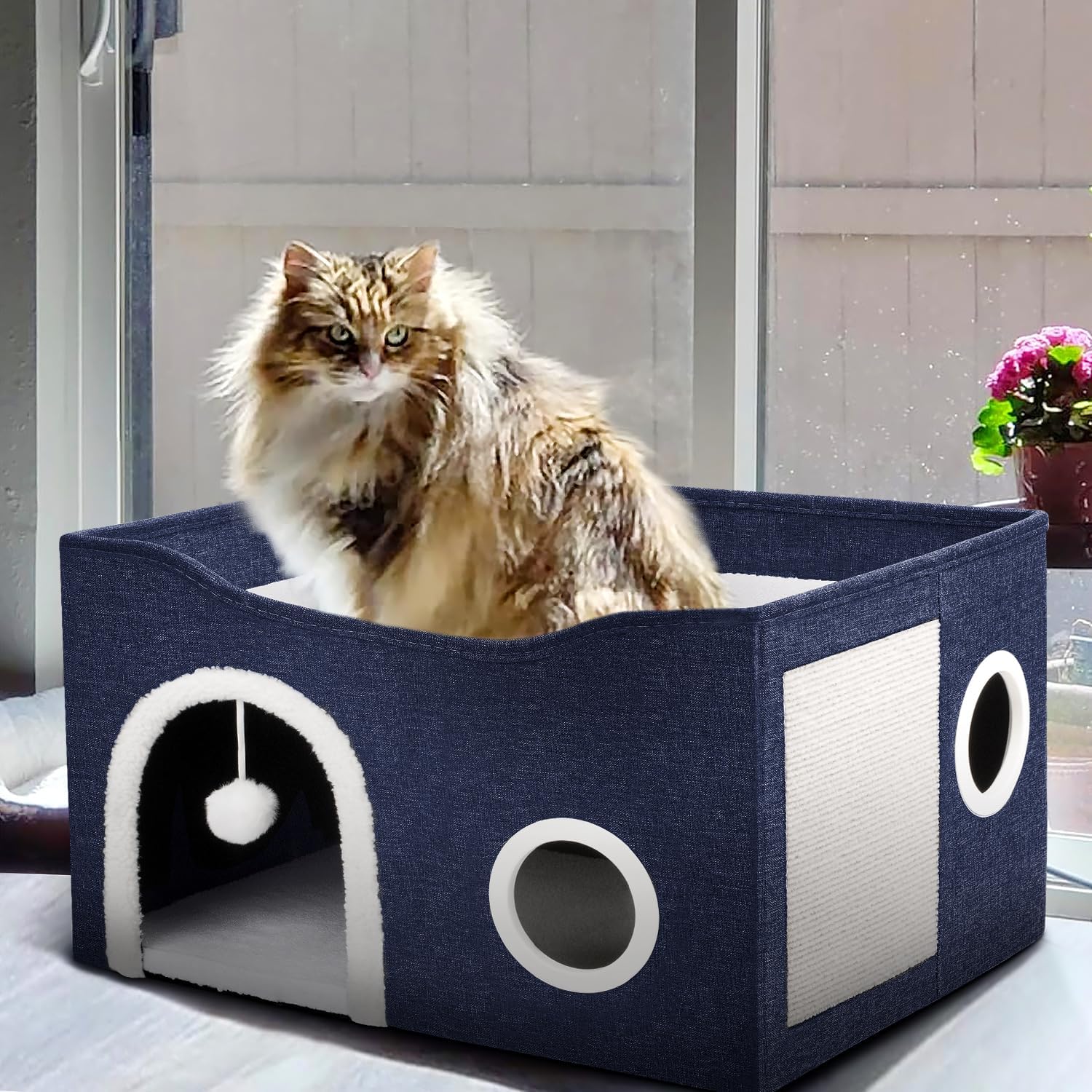 Heeyoo Cat House for Indoor Cats – Large Cat Bed Cave with Fluffy Ball and Scratch Pad, Foldable Cat Houses & Condos, Cat Hideaway, Covered Cat Bed for Multi Small Large Kitty, 23.8×15.9×13.2 Inches