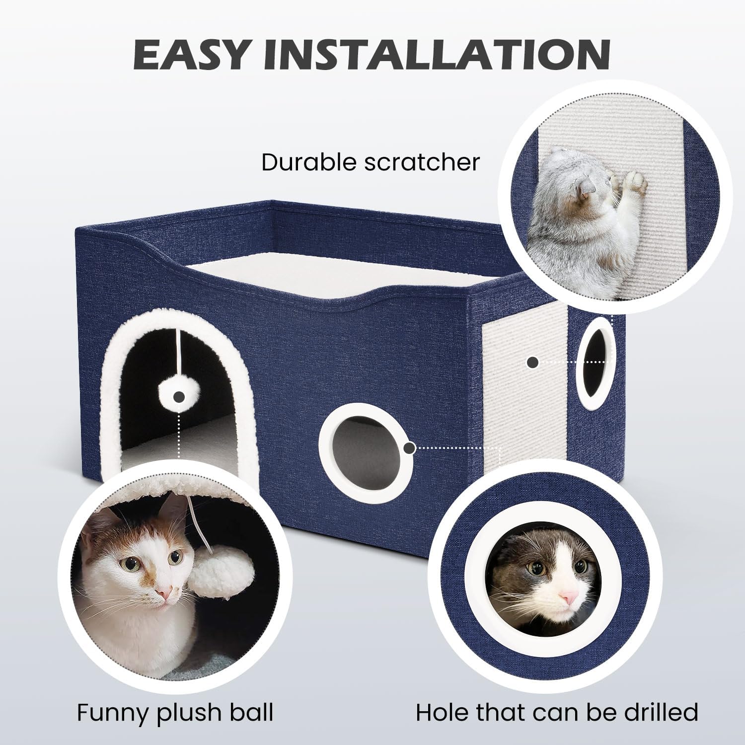 Heeyoo Cat House for Indoor Cats – Large Cat Bed Cave with Fluffy Ball and Scratch Pad, Foldable Cat Houses & Condos, Cat Hideaway, Covered Cat Bed for Multi Small Large Kitty, 23.8×15.9×13.2 Inches