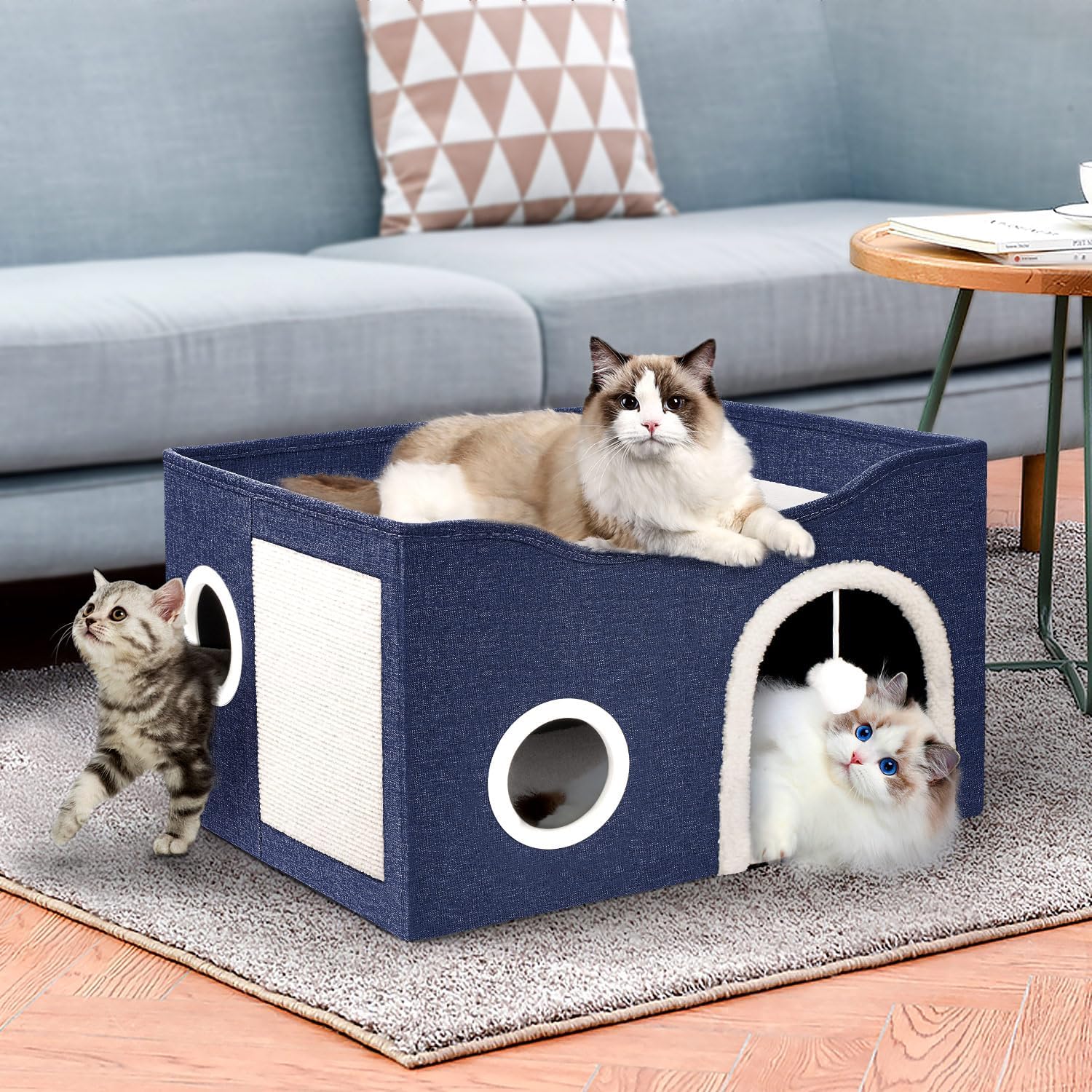Heeyoo Cat House for Indoor Cats – Large Cat Bed Cave with Fluffy Ball and Scratch Pad, Foldable Cat Houses & Condos, Cat Hideaway, Covered Cat Bed for Multi Small Large Kitty, 23.8×15.9×13.2 Inches