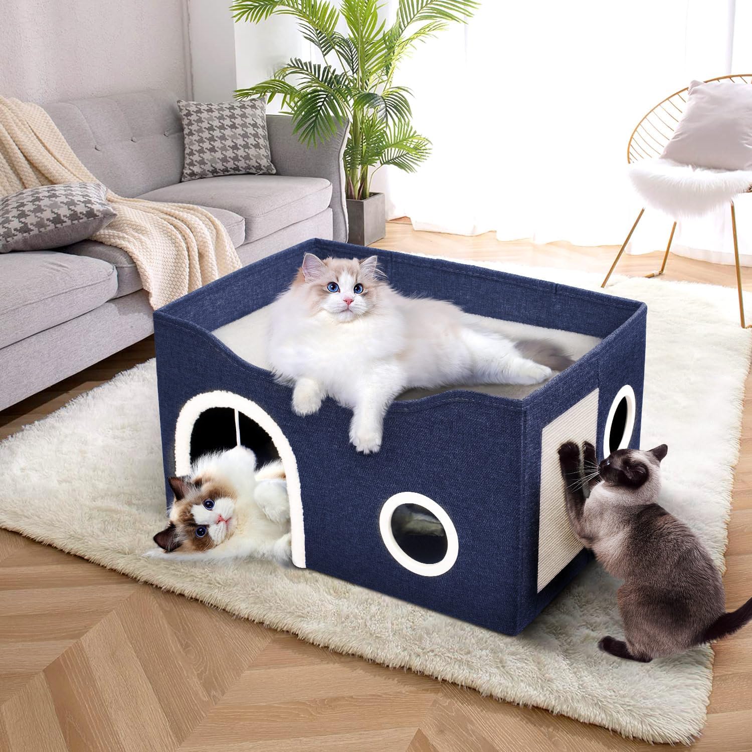 Heeyoo Cat House for Indoor Cats – Large Cat Bed Cave with Fluffy Ball and Scratch Pad, Foldable Cat Houses & Condos, Cat Hideaway, Covered Cat Bed for Multi Small Large Kitty, 23.8×15.9×13.2 Inches