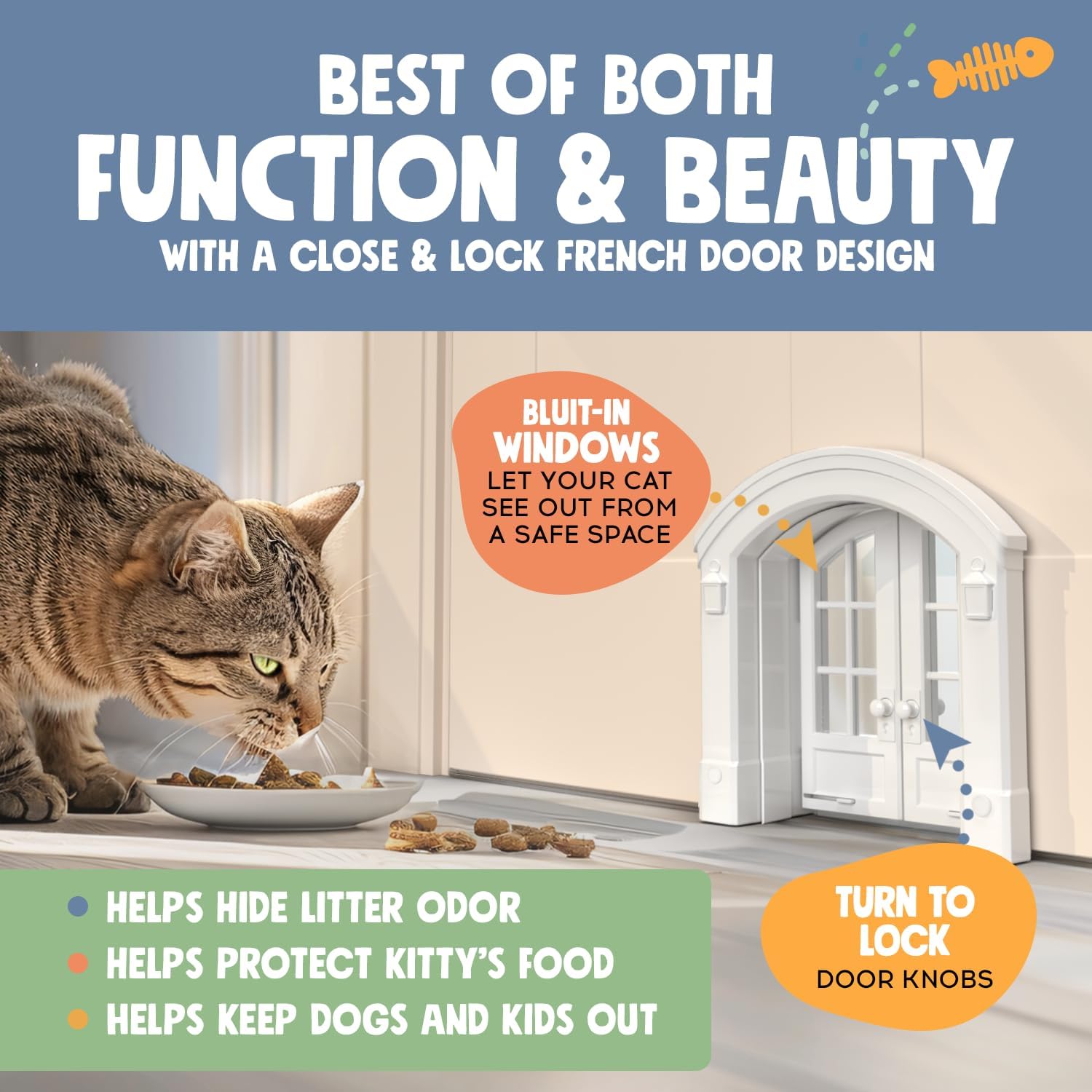 Purrfect Portal French Cat Door – Stylish No-Flap Cat Door Interior Door for Average-Sized Cats Up to 20 lbs, Easy DIY Setup, Secured Installation in Minutes, No Training Needed, 7.13 x 8.32”