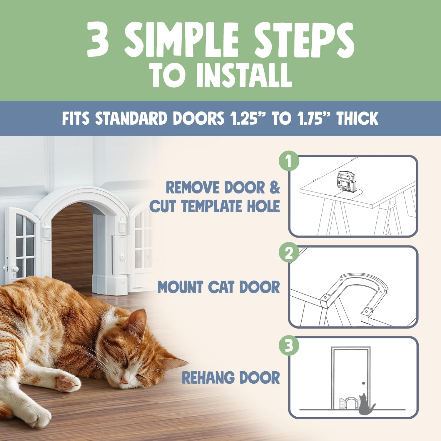 Purrfect Portal French Cat Door – Stylish No-Flap Cat Door Interior Door for Average-Sized Cats Up to 20 lbs, Easy DIY Setup, Secured Installation in Minutes, No Training Needed, 7.13 x 8.32”