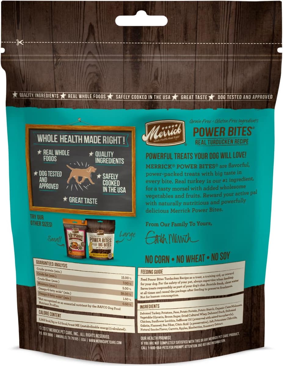 Merrick Power Bites Natural Soft And Chewy Real Meat Dog Treats, Grain Free Snack, Real Turducken Recipe – 6 oz. Bag