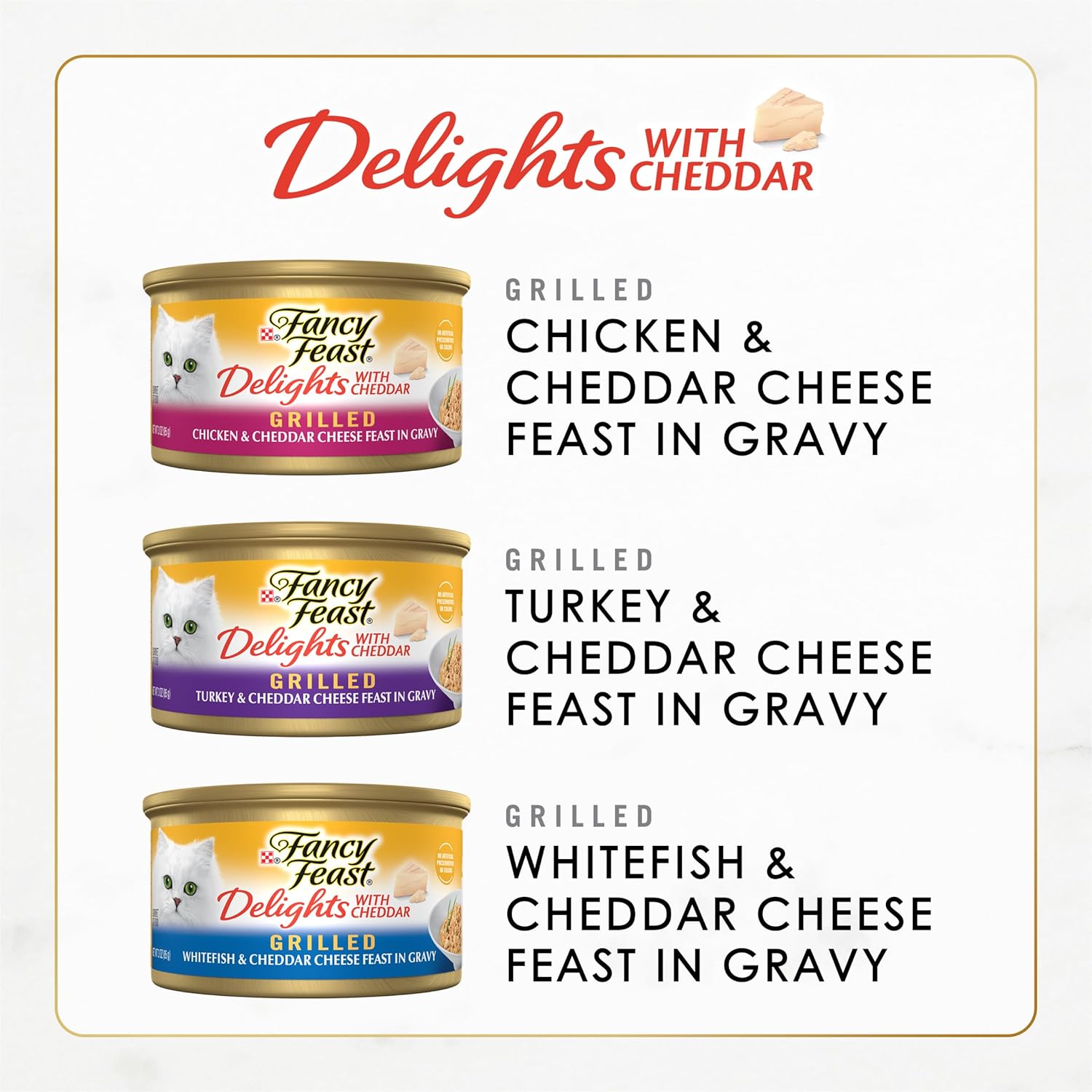 Purina Fancy Feast Delights with Cheddar Grilled Chicken, Turkey or Whitefish and Cheddar Cheese Feast in Gravy Wet Cat Food Variety Pack – (Pack of 24) 3 oz. Cans