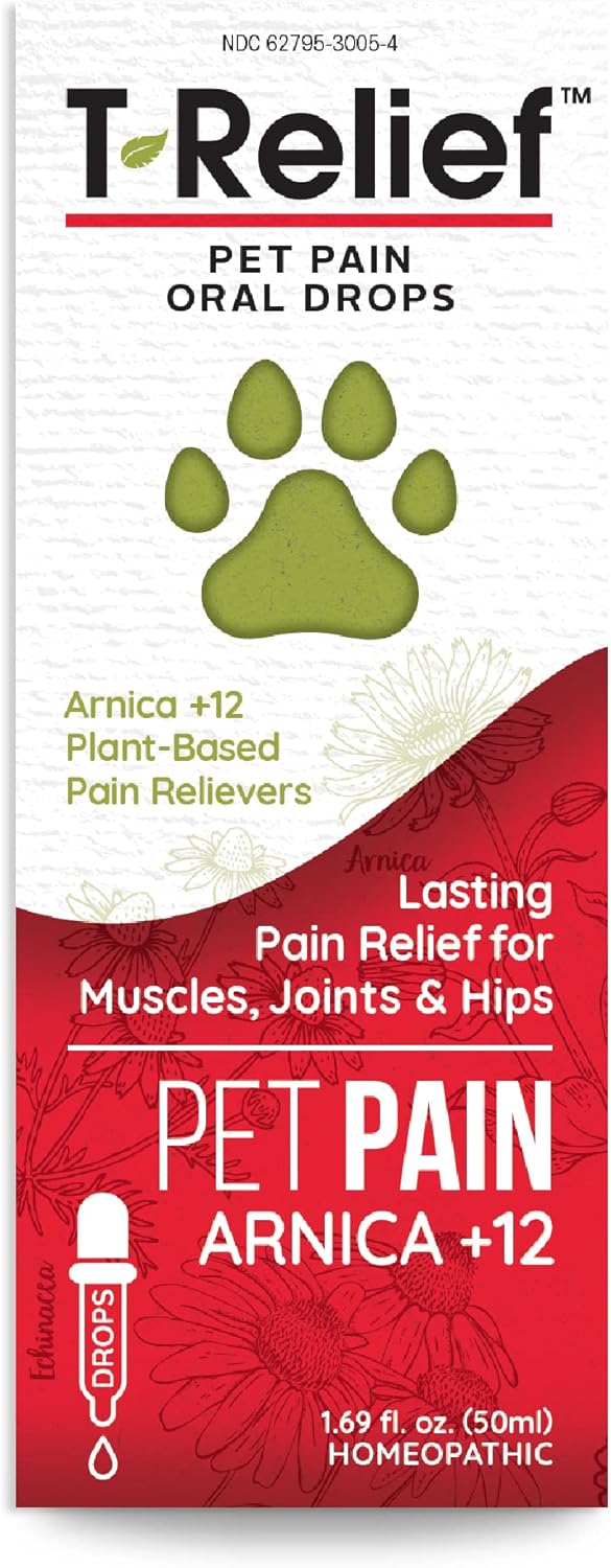 T-Relief Pet Pain Relief Drops Arnica +12 Powerful Natural Medicines Help Reduce Muscle Joint & Hip Pain Soreness Stiffness Injuries in Dogs & Cats – Fast-Acting Soother – 1.69 oz
