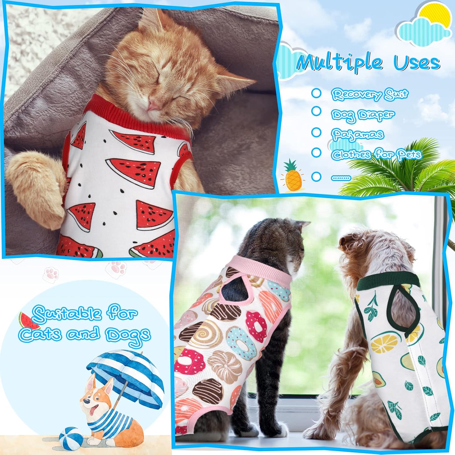 Nuanchu 3 Pieces Cat Recovery Suit Kitten Recovery Suit E-Collar Alternative for Cats and Dogs Abdominal Skin Anti Licking Pajama Clothes Sets(Watermelon Pattern,Medium)