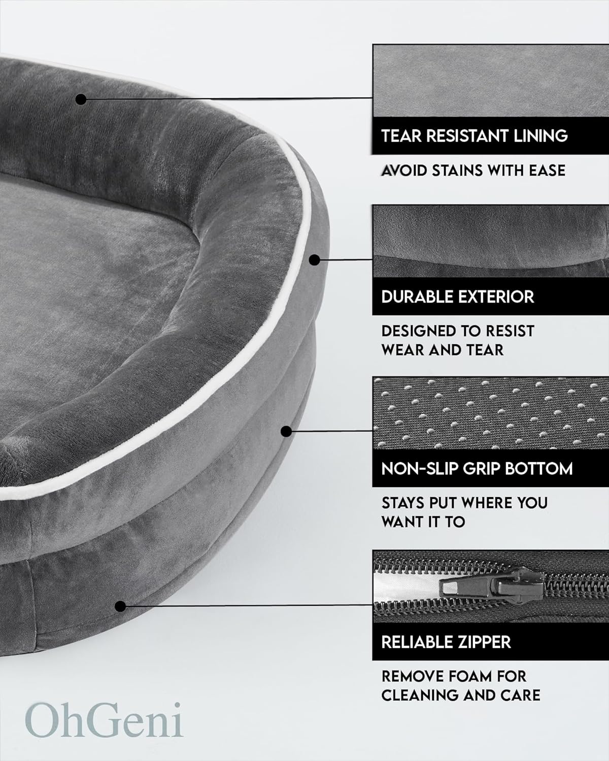 OhGeni Orthopedic Dog Bed Couch for Large Sized Pets with Egg Foam Support, Four-Sided Bolster Cushions, Soft Tear-Resistant Fabric, and Removable Machine Washable Plush Cover 35-Inch (Gray)