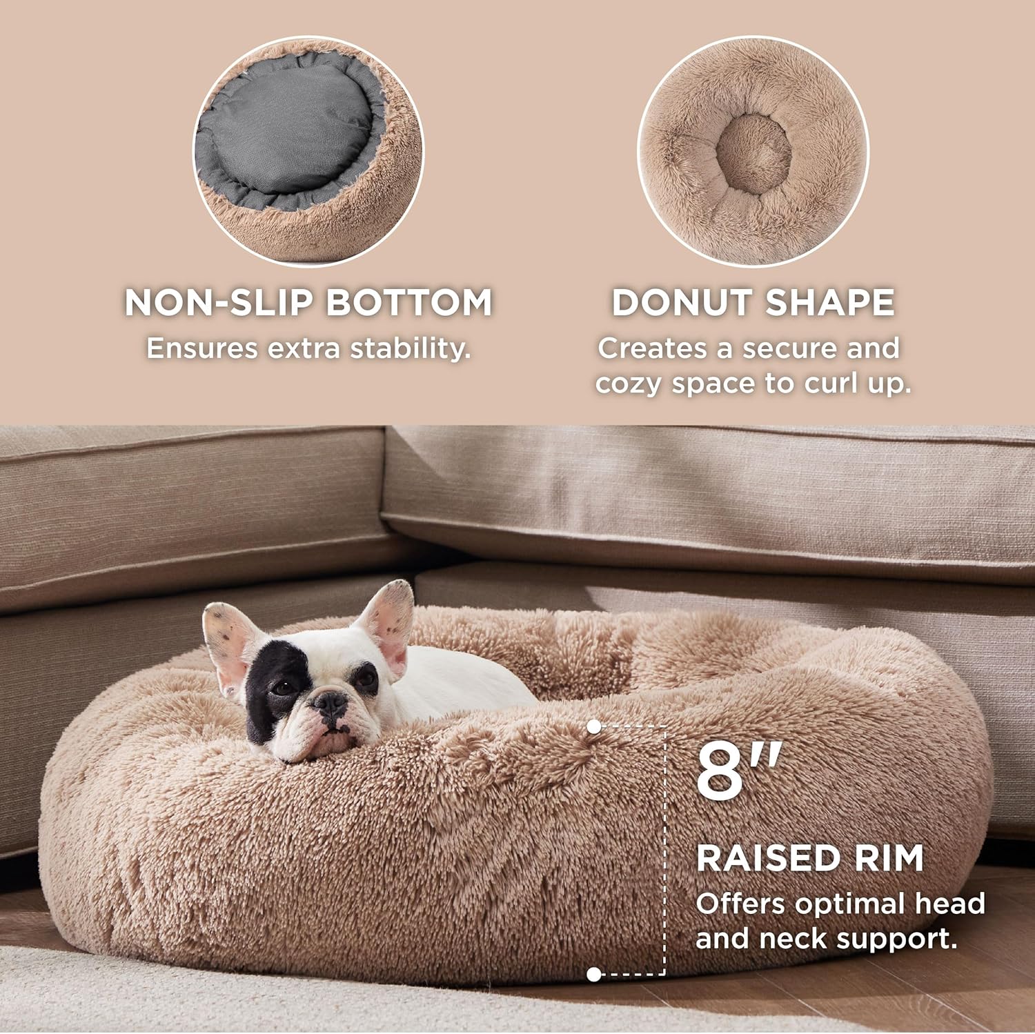 Bedsure Calming Dog Bed for Medium Dogs – Donut Washable Medium Pet Bed, 30 inches Anti-Slip Round Fluffy Plush Faux Fur Cat Bed, Fits up to 45 lbs Pets, Camel