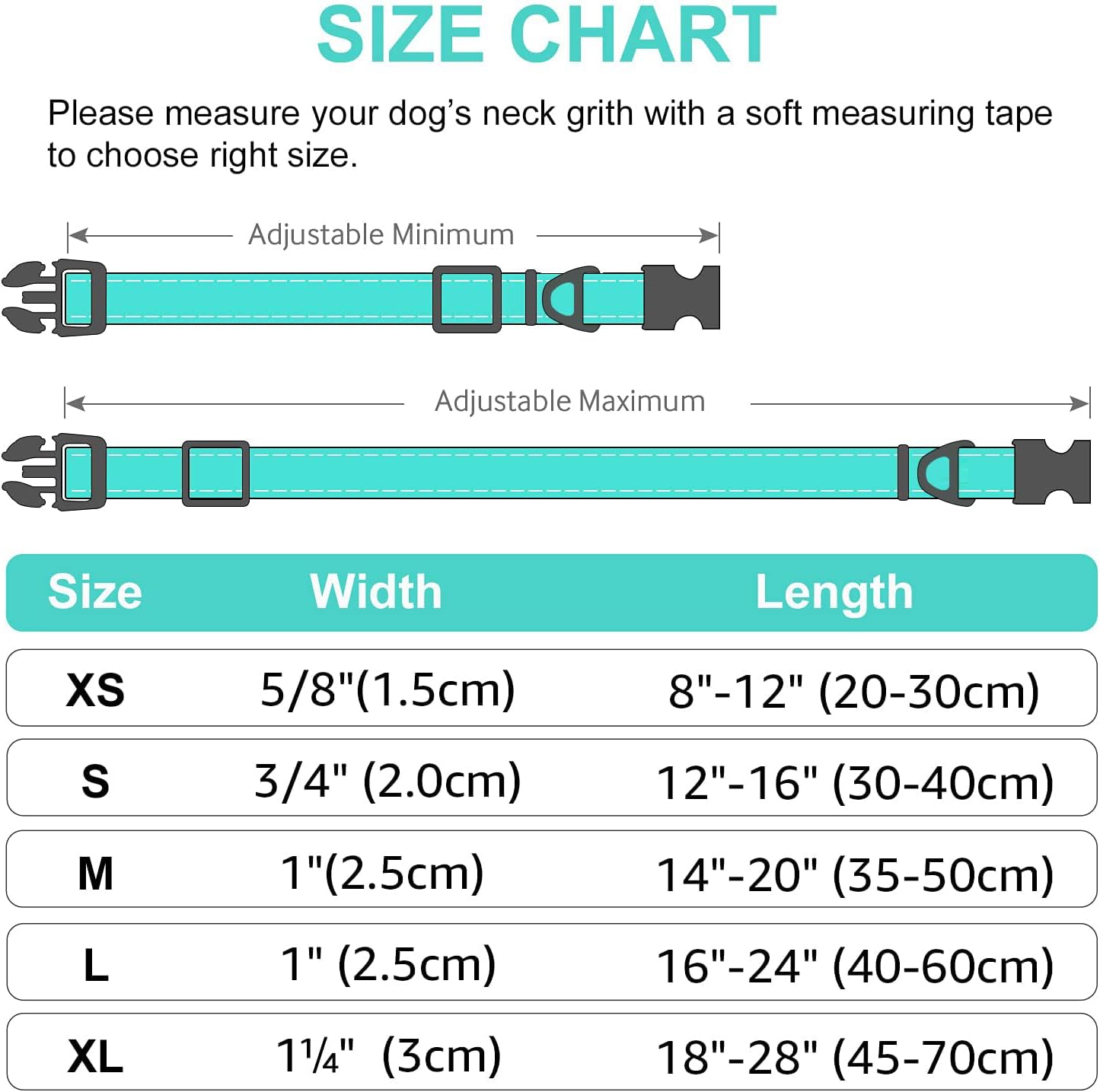 Joytale Reflective Dog Collar,Soft Neoprene Padded Breathable Nylon Pet Collar Adjustable for Large Dogs,Teal,L