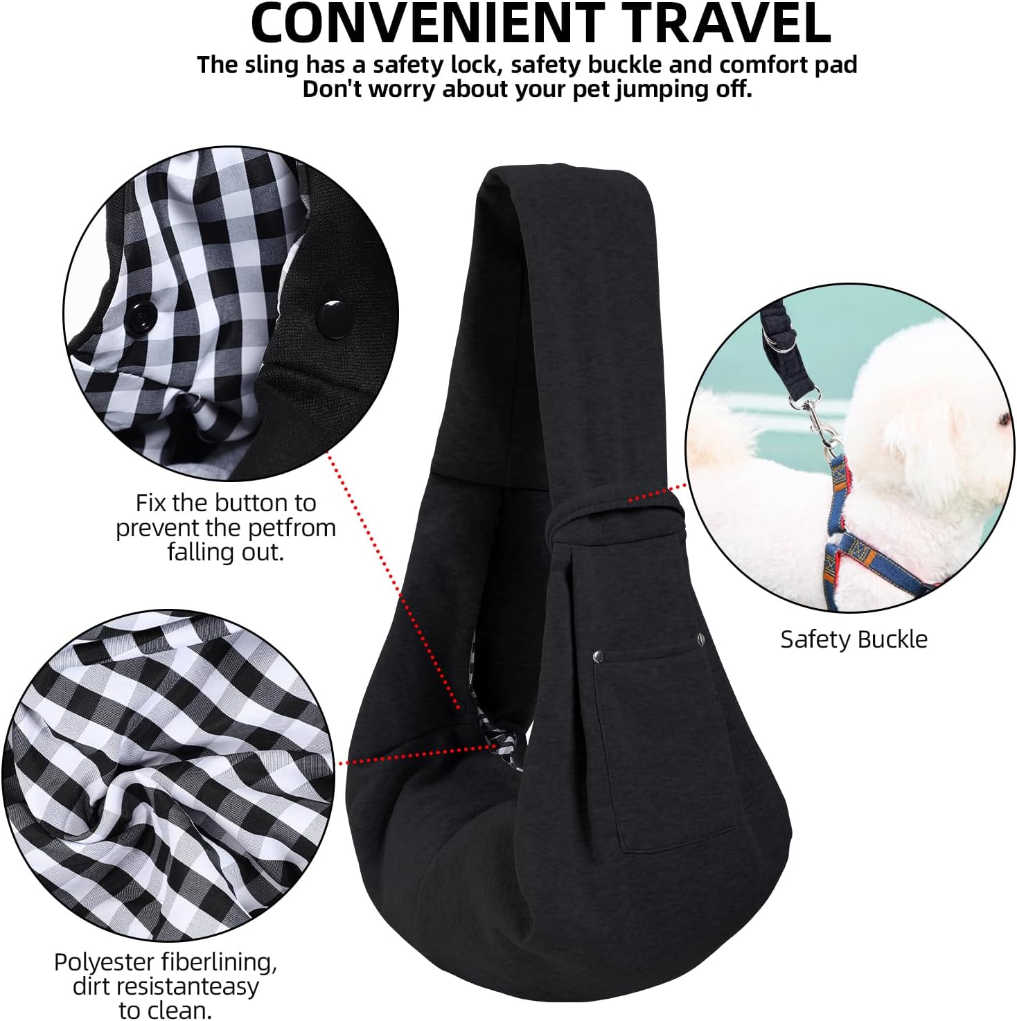 Dog Carrier Sling – Reversible Puppy Carrier Purse with Storage Pocket, Hand-Free Dog Sling Carrier for Carry Small Dogs and Cats, Travel Safety Harness, Dog and Cat Harness(Black)