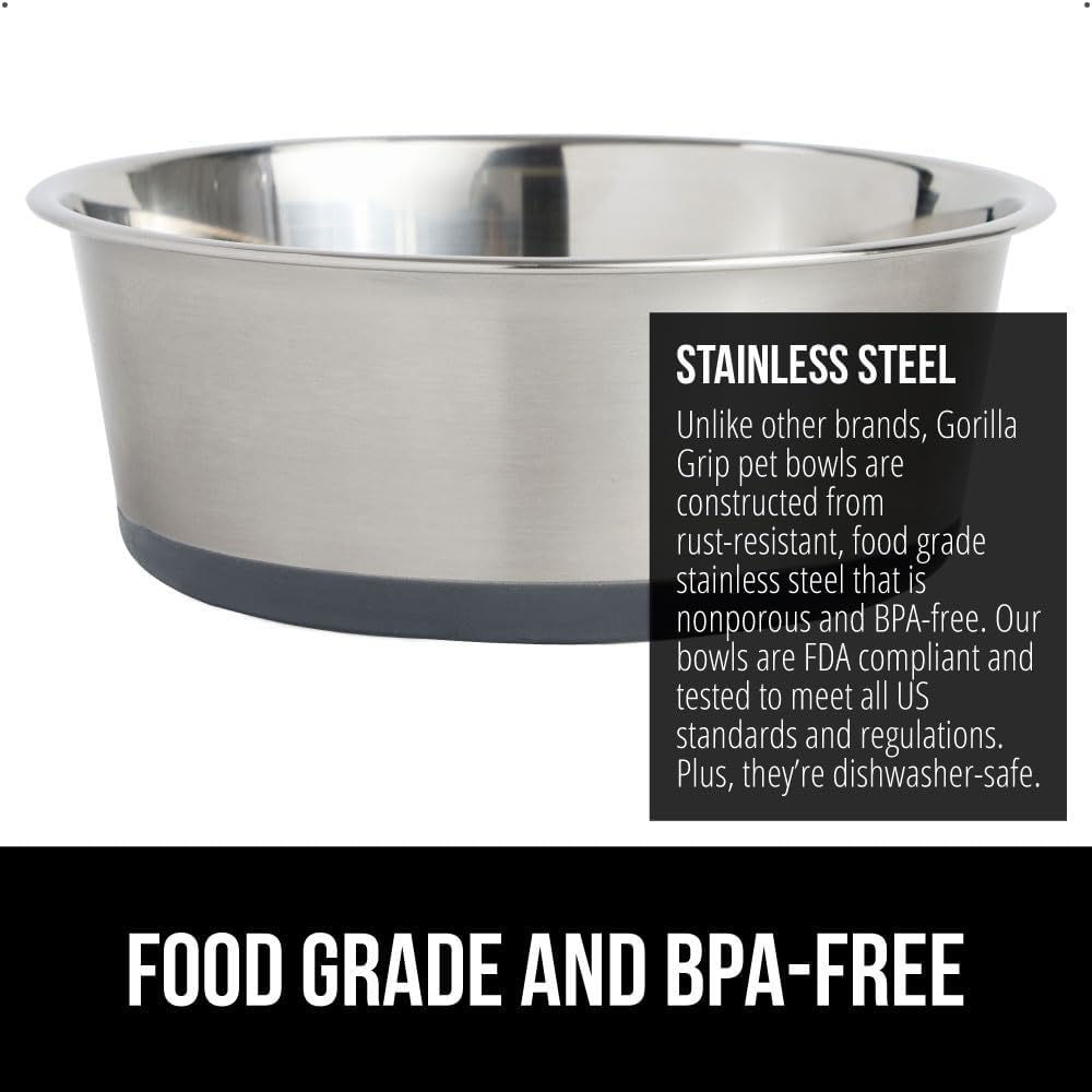 GORILLA GRIP Set of 2 Dog Bowls, Heavy Duty Metal Food and Water Bowl for Feeding Dogs and Cats, Dishwasher Safe, Rust Resistant Stainless Steel, BPA Free Rubber Base, Holds 2 Cups (16 fl oz), Gray