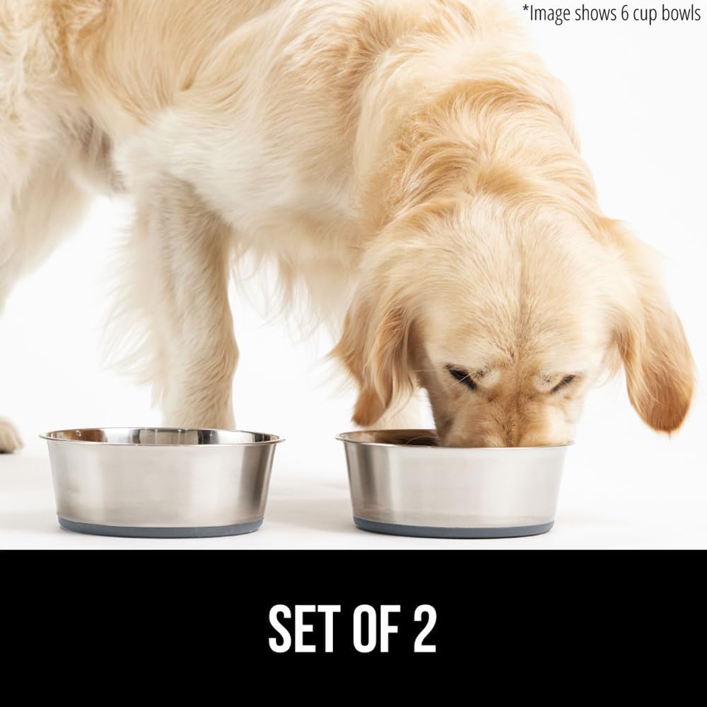 GORILLA GRIP Set of 2 Dog Bowls, Heavy Duty Metal Food and Water Bowl for Feeding Dogs and Cats, Dishwasher Safe, Rust Resistant Stainless Steel, BPA Free Rubber Base, Holds 2 Cups (16 fl oz), Gray