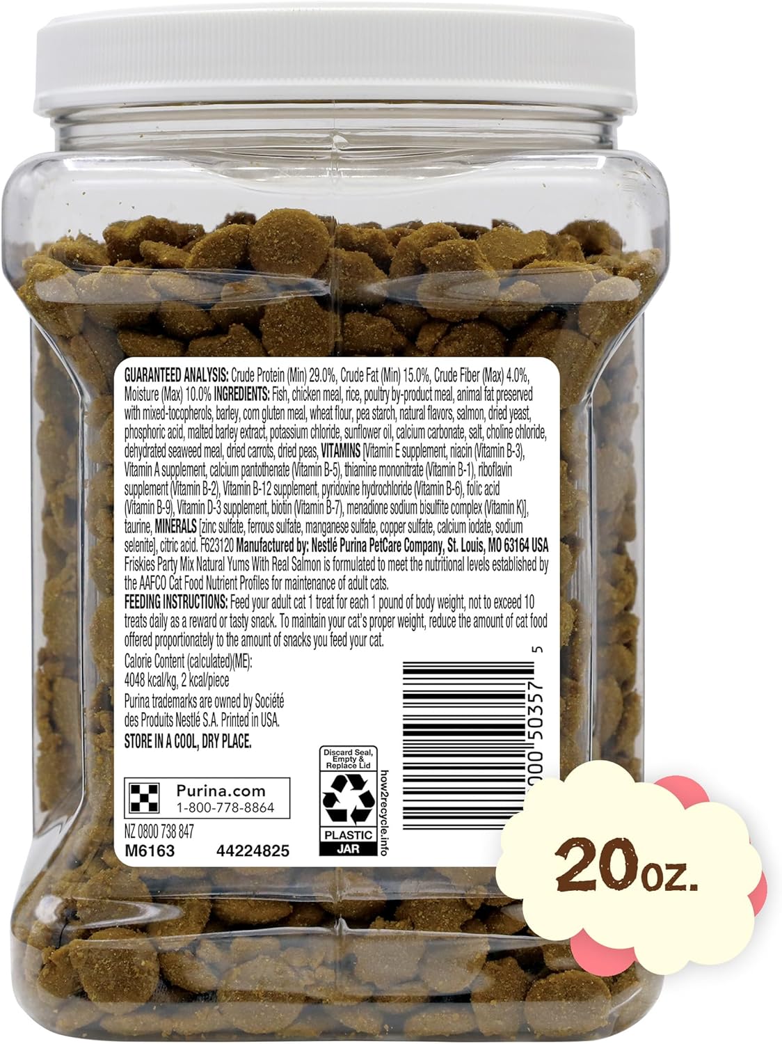 Purina Friskies Natural Cat Treats Party Mix Natural Yums With Real Salmon and Added Vitamins, Minerals and Nutrients – 20 Oz. Canister