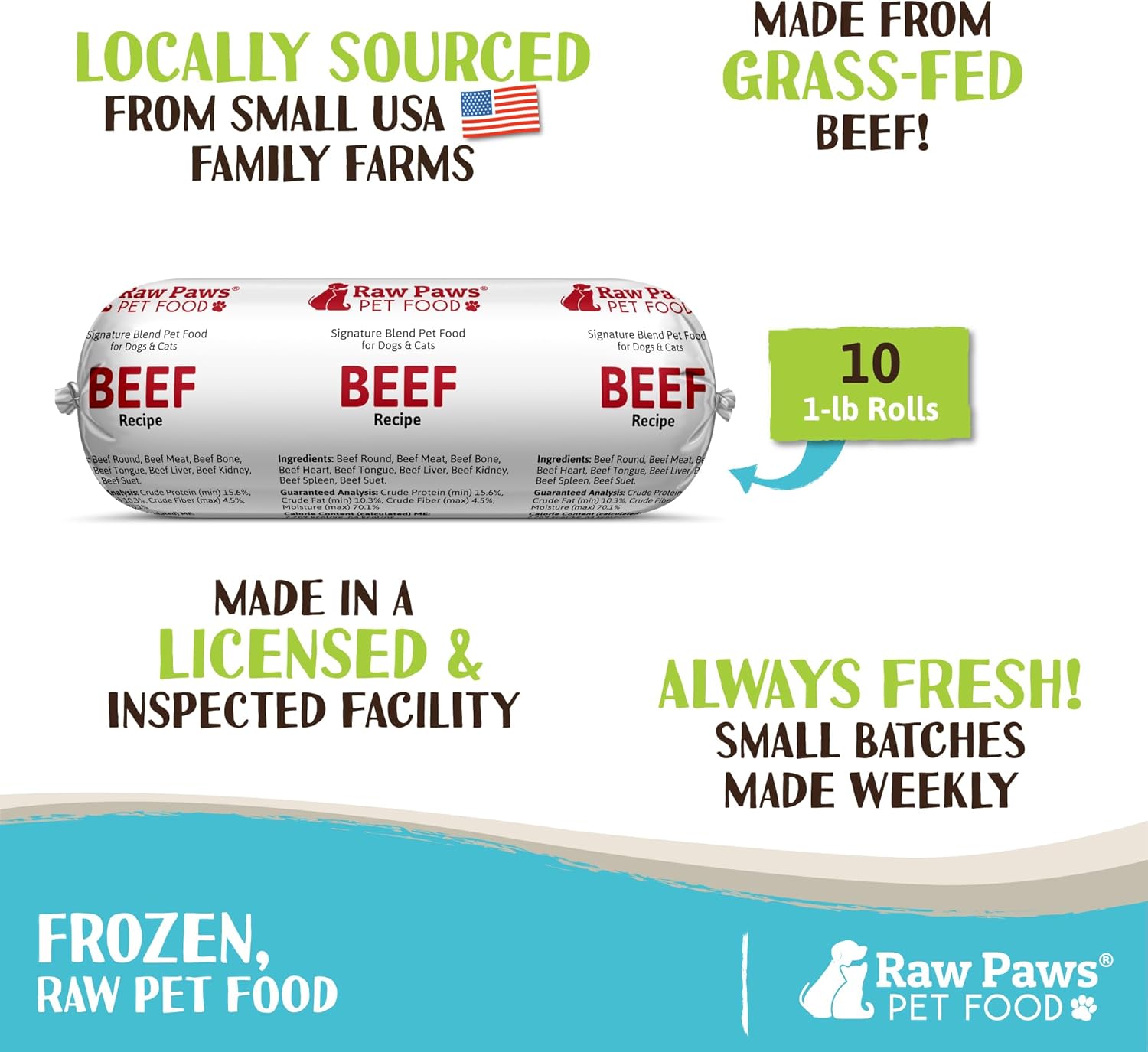 Raw Paws Signature Blend Pet Food for Dogs & Cats – Beef Recipe, 1-lb Rolls (10 Pack) – Fresh Pet Food Made in USA, Grass-Fed Beef Dog Food Log, Natural Dog Food Rolls, Raw Frozen Dog Food & Cat Food