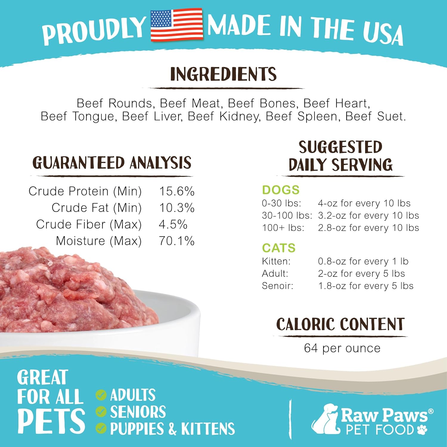 Raw Paws Signature Blend Pet Food for Dogs & Cats – Beef Recipe, 1-lb Rolls (10 Pack) – Fresh Pet Food Made in USA, Grass-Fed Beef Dog Food Log, Natural Dog Food Rolls, Raw Frozen Dog Food & Cat Food