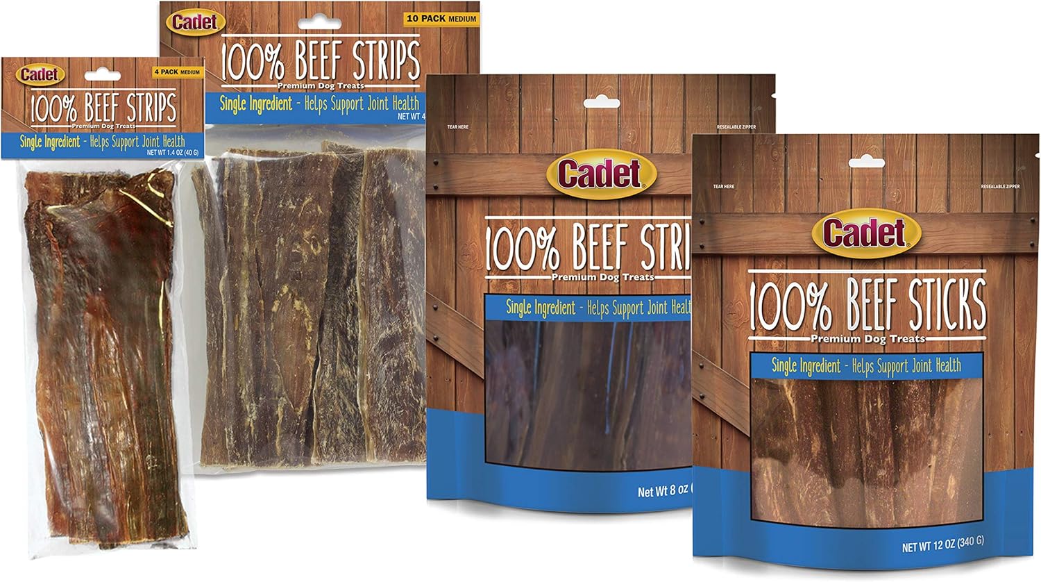 Cadet 100% Beef Strips Dog Chew Sticks, Long-Lasting Single-Ingredient Natural Treats, High-Protein, Perfect for Small & Large Breeds, 8 oz