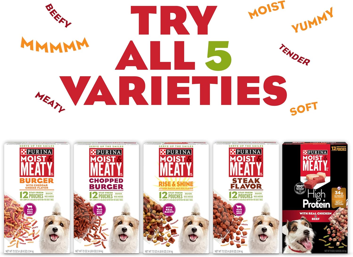 Purina Moist and Meaty Dog Food Chopped Burger Soft Dog Food Pouches – 36 ct. Pouch