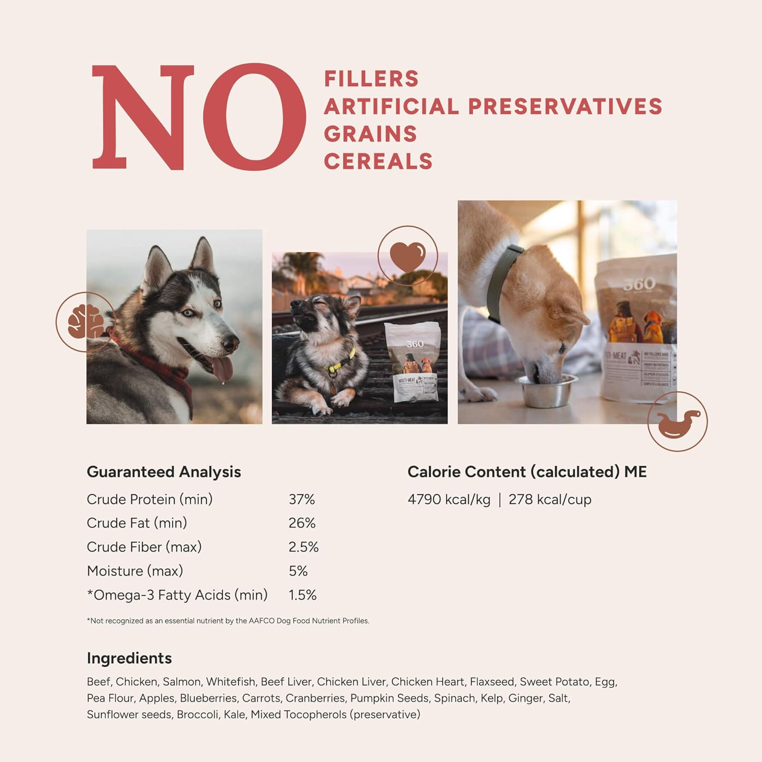360 Pet Nutrition Freeze-Dried Raw Dog Food, High Protein, Complete Balanced Meal with Beef, Chicken,Organs, Whitefish, Omega-3, Fruit&Veg, Superfoods, No Fillers, 16oz Food/Bites/Kibble (Multi Meat)