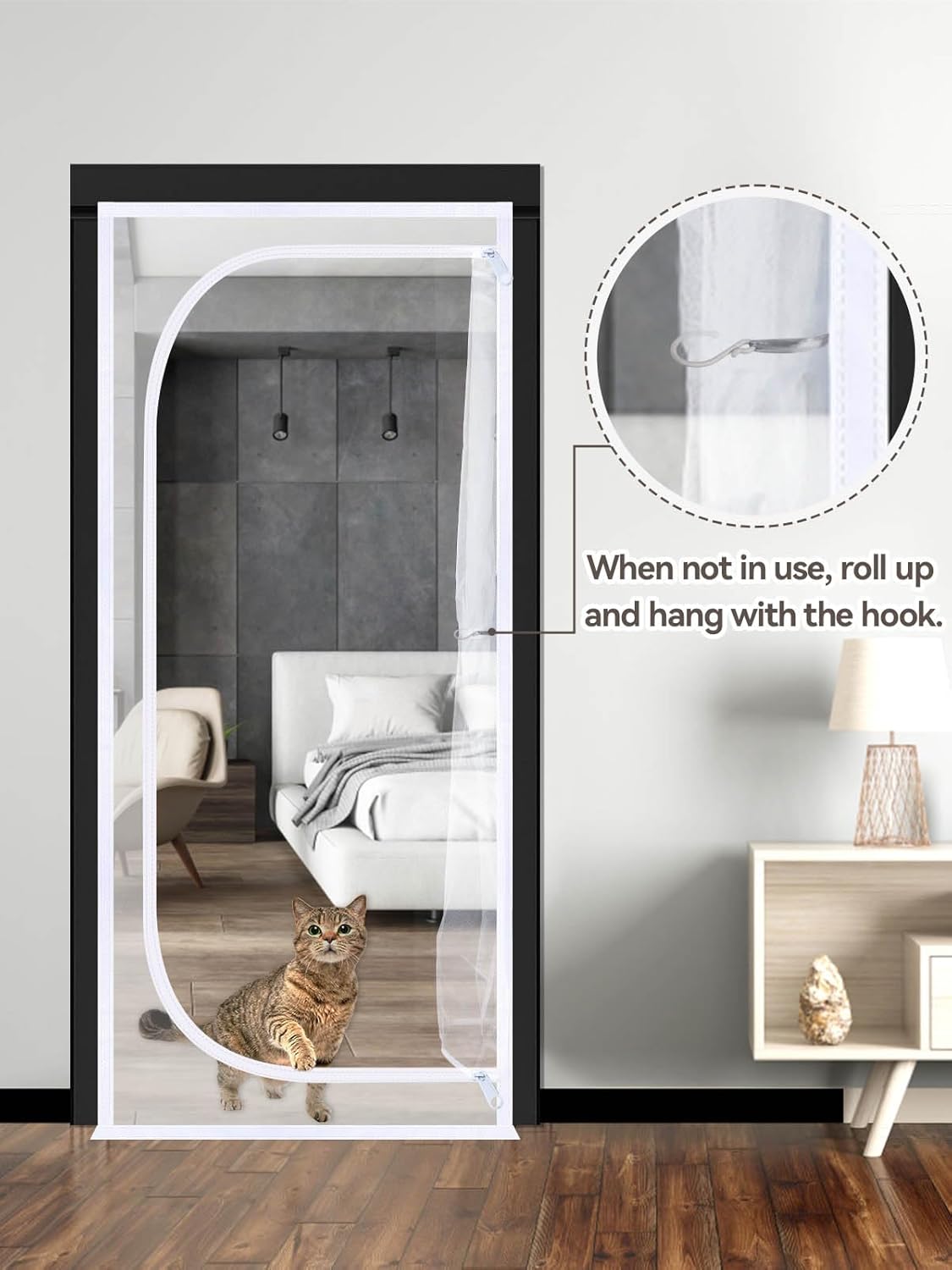 Reinforced Cat Screen Door, Fits Door Size 30”x 80”, Durable Cat Resistant Mesh Screen with Zipper, Hook and Loops for Home Living Room Kitchen Bedroom Doors