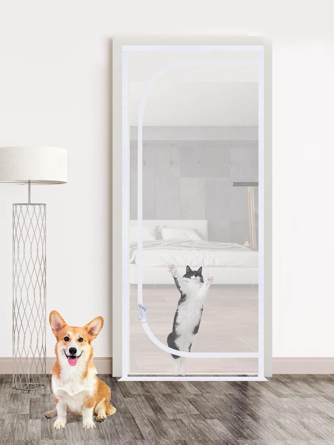 Reinforced Cat Screen Door, Fits Door Size 30”x 80”, Durable Cat Resistant Mesh Screen with Zipper, Hook and Loops for Home Living Room Kitchen Bedroom Doors