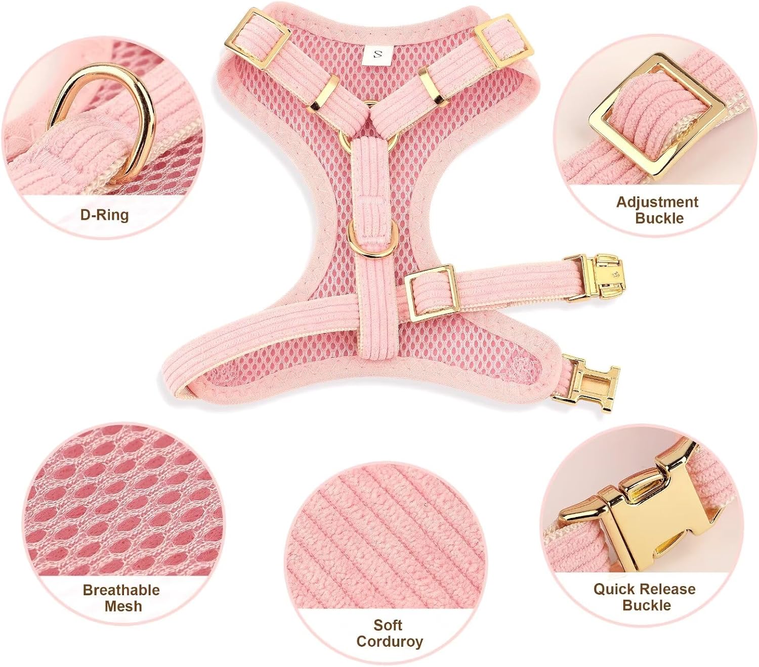 Didog Cute Small Dog Collar Harness & Leash Set, Adjustable Dog Collars and Leashes with Bowtie, Breathable Soft Mesh Padded Dog Vest for Puppies Small Dogs Walking,Pink, S