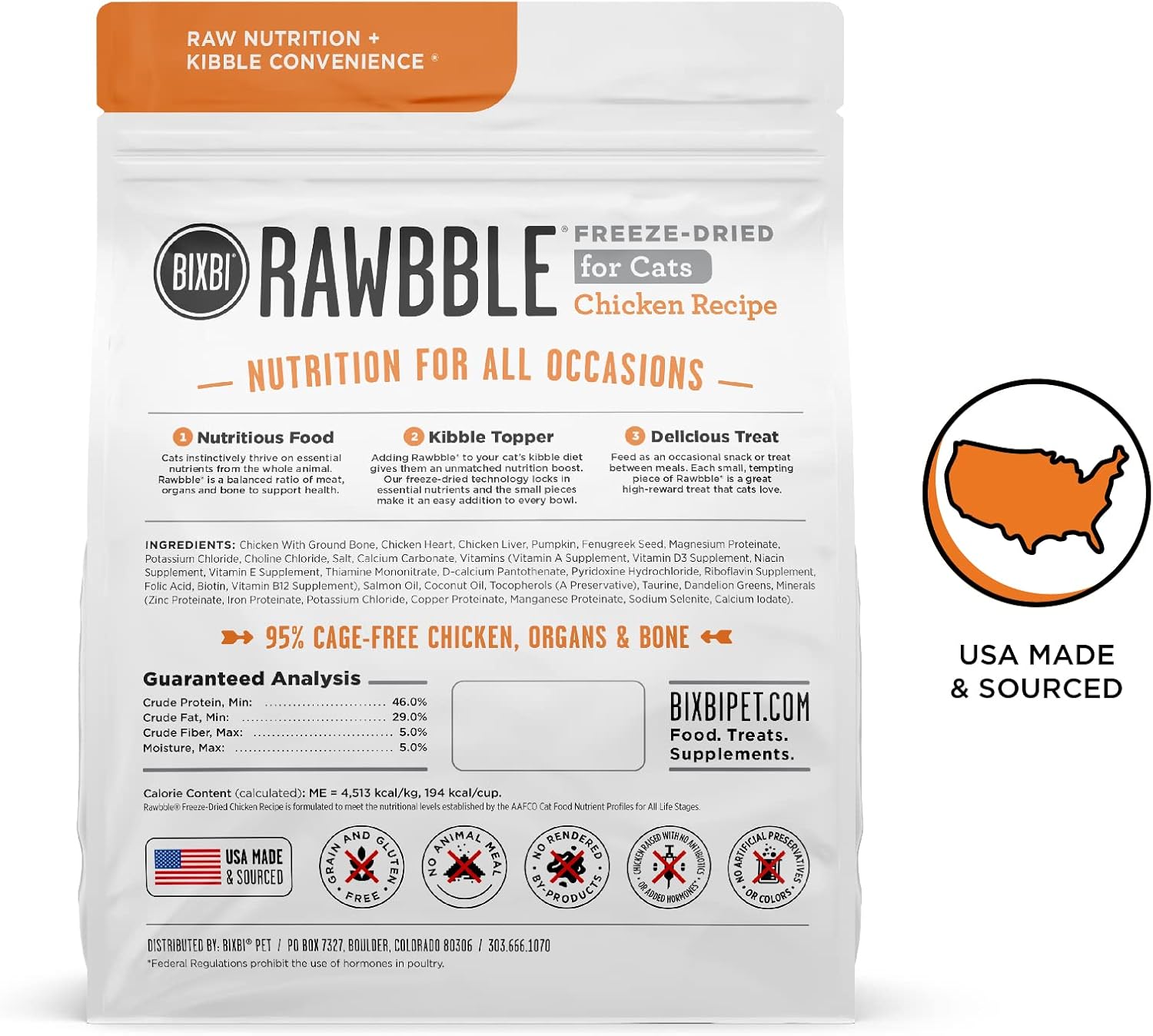 BIXBI Rawbble Freeze Dried Cat Food, Chicken Recipe, 3.5 oz – 95% Organs and Bone Raw Cat Food – USA Made