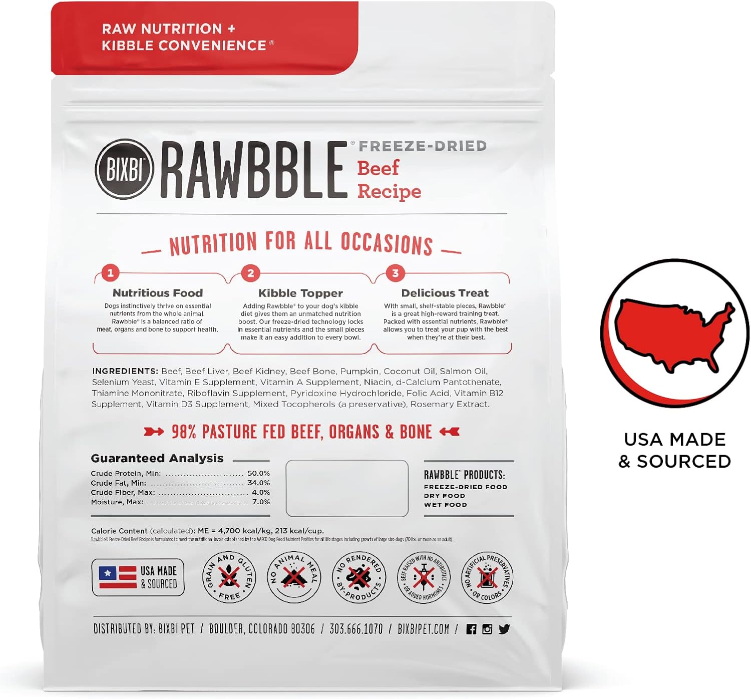 BIXBI Rawbble Freeze Dried Dog Food, Beef Recipe, 12 oz – 98% Meat and Organs, No Fillers – Pantry-Friendly Raw Dog Food for Meal, Treat or Food Topper – USA Made in Small Batches