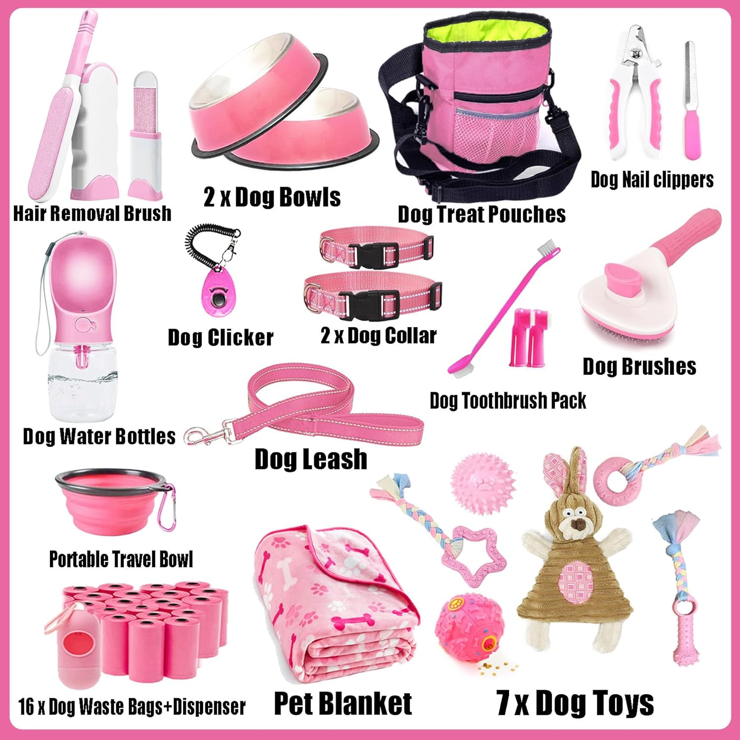 Puppy Supplies Starter Kit – 39-Piece Set of Puppy Essentials and Dog Stuff.Includes Dog Leash, Toys, Bowl, Brushes,and More.Perfect Welcome Home Present for Your New Puppies-Pink