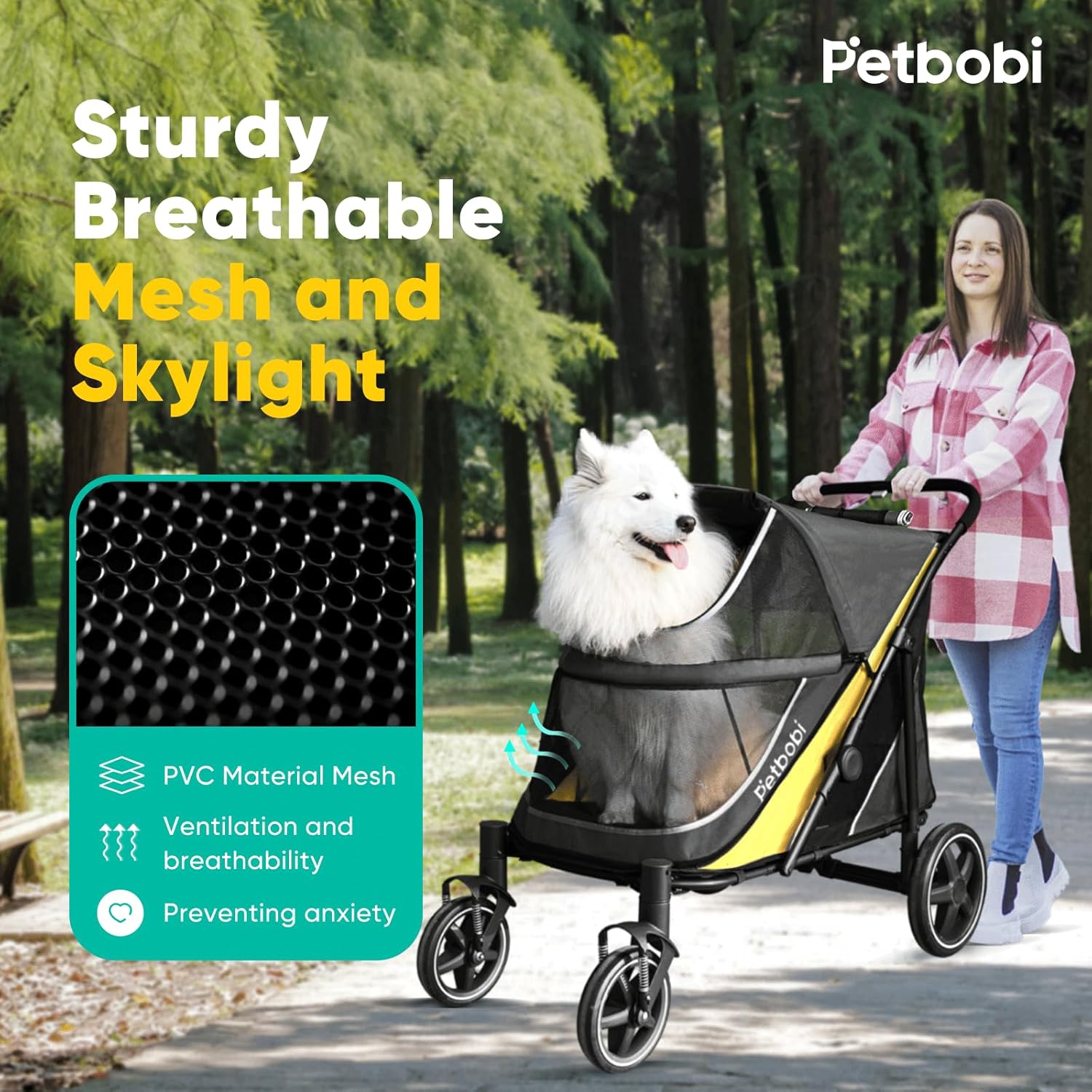 Petbobi Dog Stroller for Medium Dogs – Easy Fold Dual Entry Pet Stroller with One-Foot Brake, All Terrain Wagon Cart with Large Air Mesh, Ideal for Large Senior Pets up to 80 lbs, Black