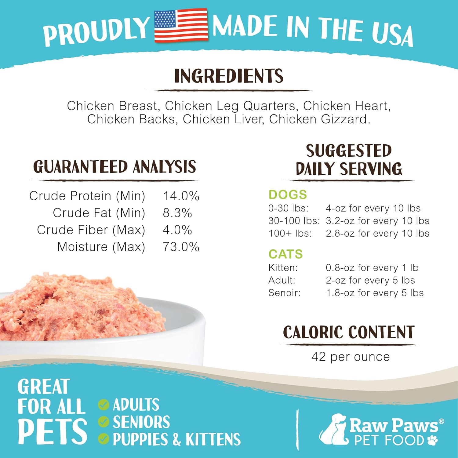 Raw Paws Signature Blend Pet Food for Dog & Cats – Chicken Recipe, 1-lb Rolls (20 Pack) – Fresh Made in USA, Natural Raw Diet Dog Food, Raw Frozen Dog & Cat Food – Meat Roll Dog Food Log