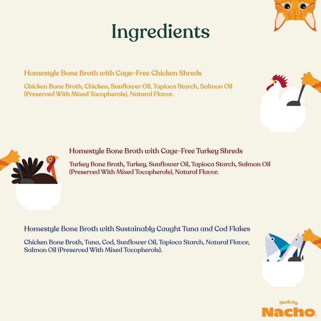 Made by Nacho Wet Cat Food Homestyle Bone Broth Variety Pack Hydrating Food Topper, Chicken (x4), Turkey (x4), and Tuna and Cod Flakes (x4) Limited Ingredients, 2.5oz (12 pouches)