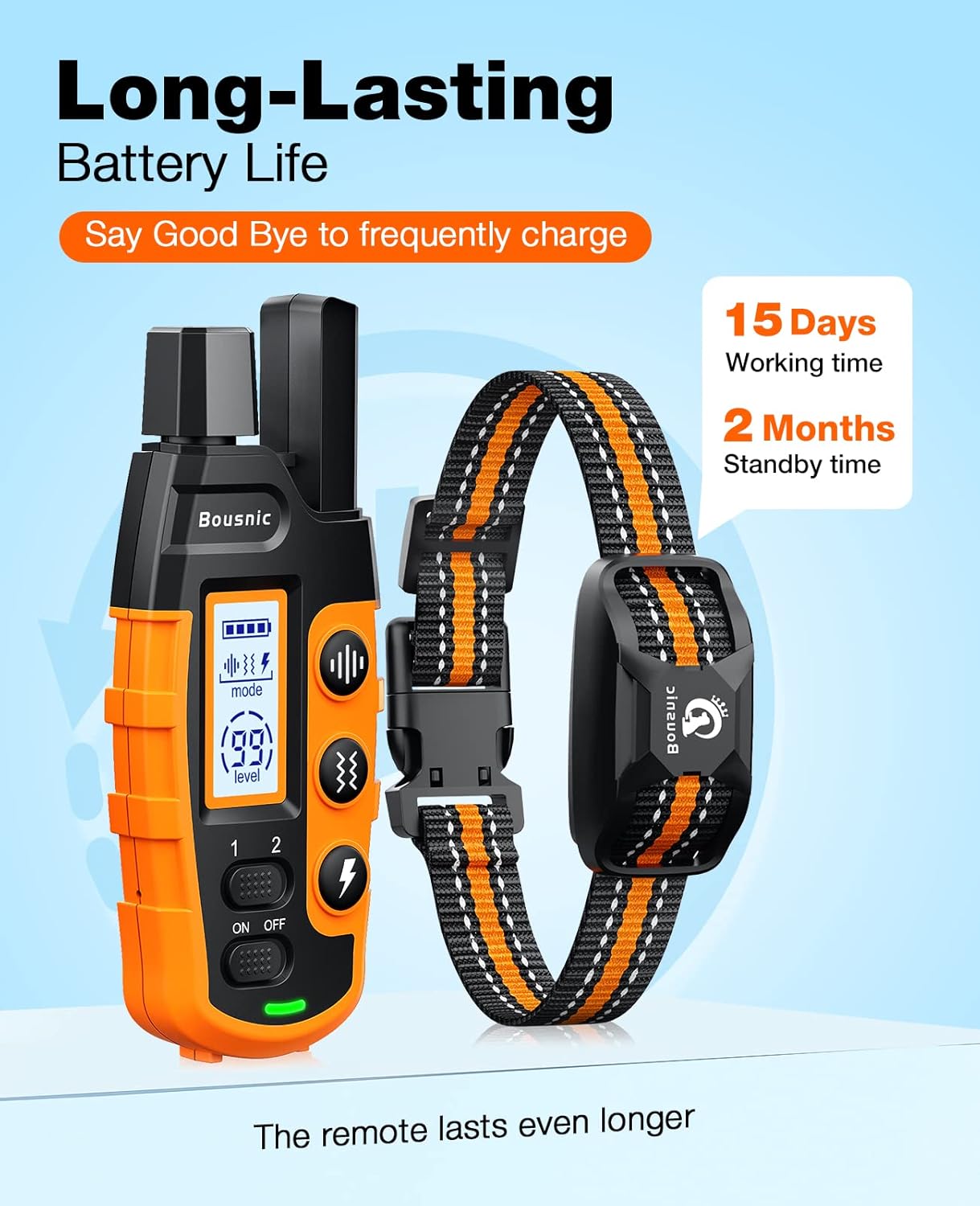 Bousnic Dog Shock Collar – 3300Ft Dog Training Collar with Remote for 5-120lbs Small Medium Large Dogs Rechargeable Waterproof e Collar with Beep (1-8), Vibration(1-16), Safe Shock(1-99) (Orange)