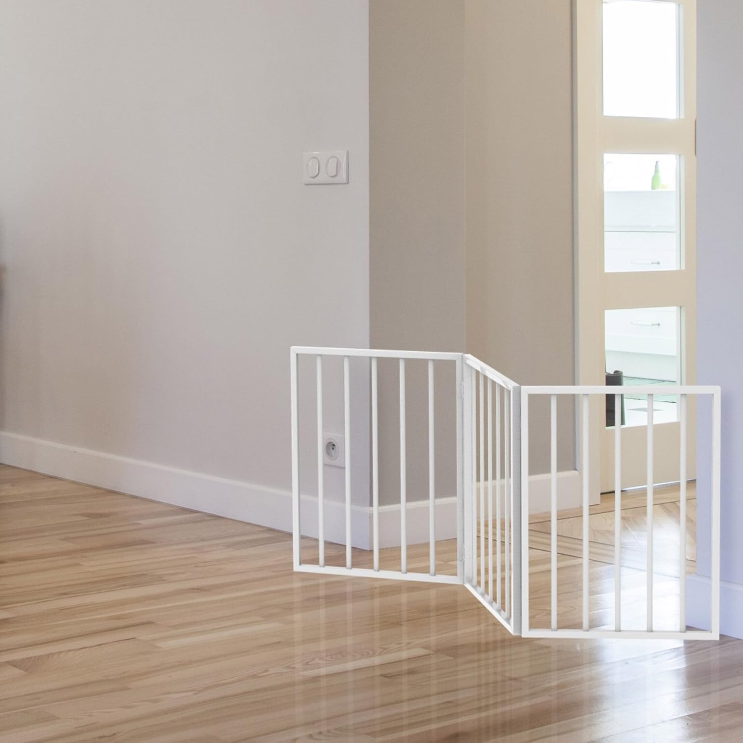 Pet Gate – 3-Panel Indoor Foldable Dog Fence for Stairs, Hallways or Doorways – 54×24-Inch Retractable Wood Freestanding Dog Gates by PETMAKER (White)