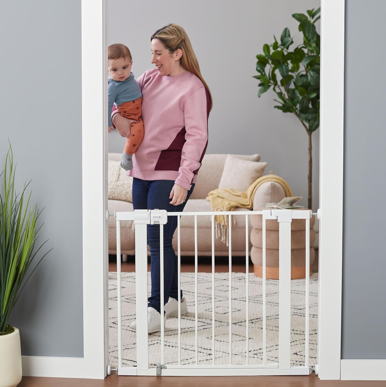 Safety 1st Easy Install Walk Thru Baby Gate for Doorways, Gate With Door, Dog Gates, Fits 29″-38″, Easy Install 28″ Tall, White