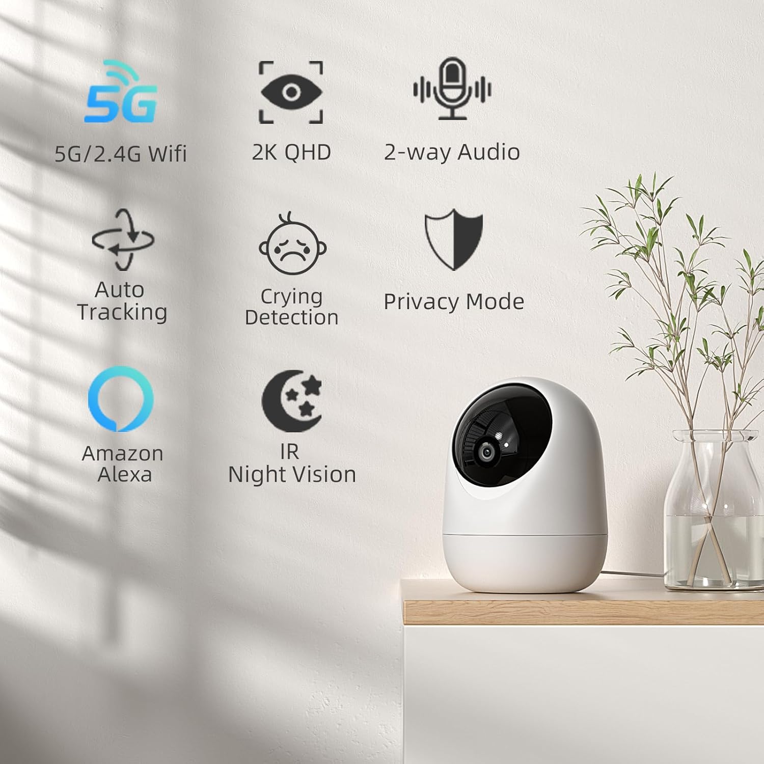 Rraycom 2.4G/5G Security Camera Indoor for Baby Monitor,2K Cameras for Home Security,360°Pan & Tilt, Dog/Pet Camera, Smart Motion Tracking& Sound Detection, 2-Way Audio, Night Vision,Works w/Alexa