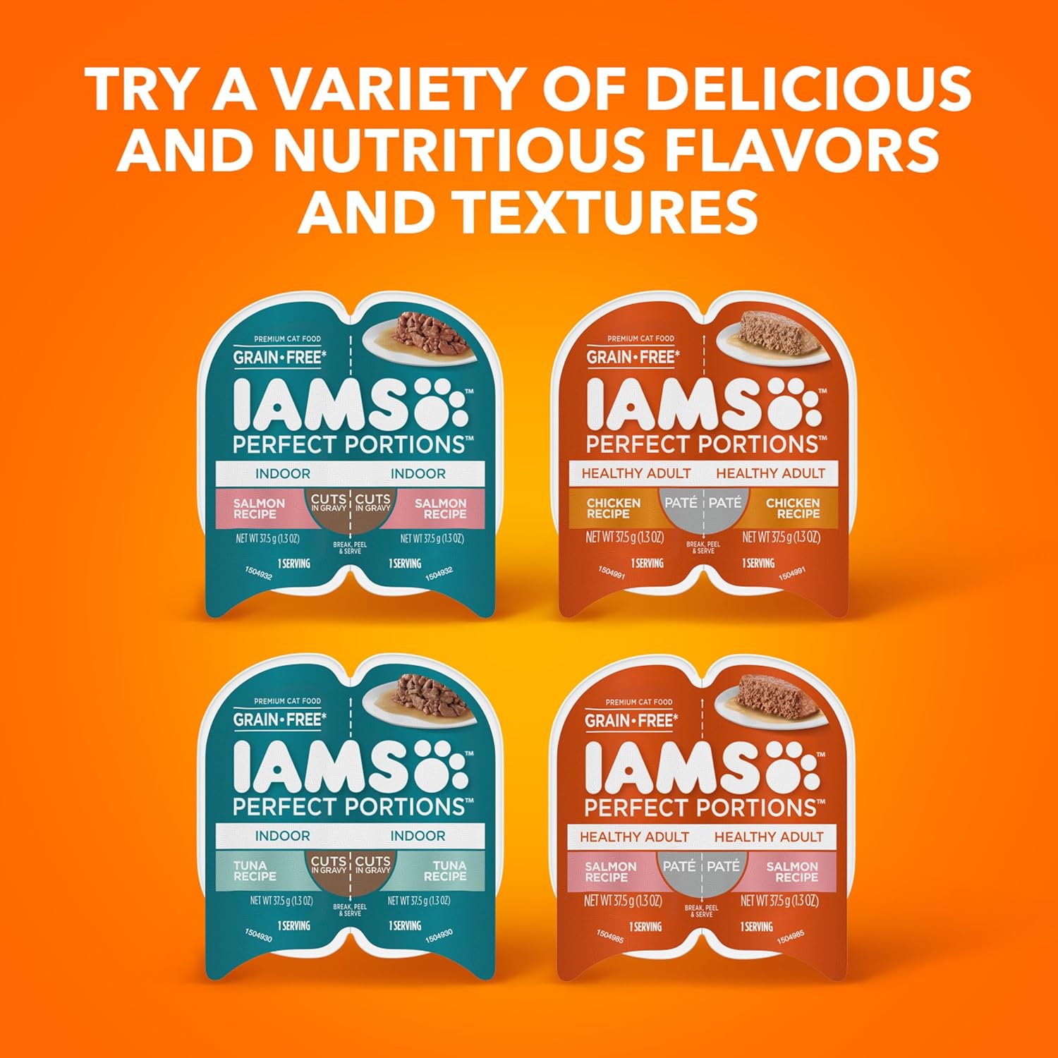 Iams Perfect Portions Indoor Adult Grain Free Wet Cat Food Pate Variety Pack, Salmon and Tuna Recipes, 2.6 oz. Easy Peel Twin-Pack Trays (12 Count, 24 Servings)