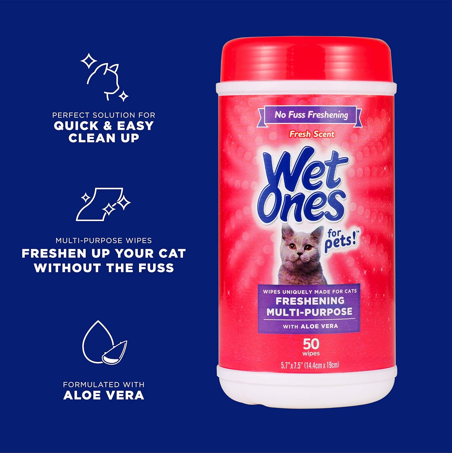 Wet Ones for Pets Cat Cleaning Wipes – Fresh Scent Cat Grooming Wipes with Aloe Vera – Safe Cat Hygiene Supplies – Cat Fur Cleaner – Cat Dander Wipes – Kitten Wipes – Pet Cleaning Supplies – 50 Count