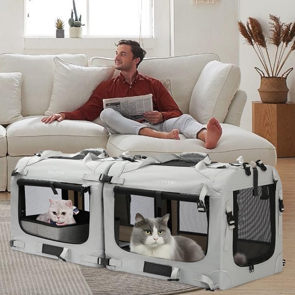 Extra Large Cat Carrier Soft Sided Folding Small Medium Dog Pet Carrier 24″x16.5″x16″ 2 Pack Travel Collapsible Ventilated Comfortable Design Portable Vehicle(Grey-2+ Litter Box+ Bowls)