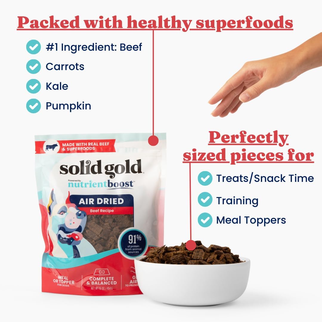 Solid Gold Air Dried Dog Food Toppers for Picky Eaters – Healthy Dog Treats Made with Real Beef to Serve as Meal Topper or Dog Treat – Supports Muscle Growth, Immunity, and Healthy Digestion – 4 oz