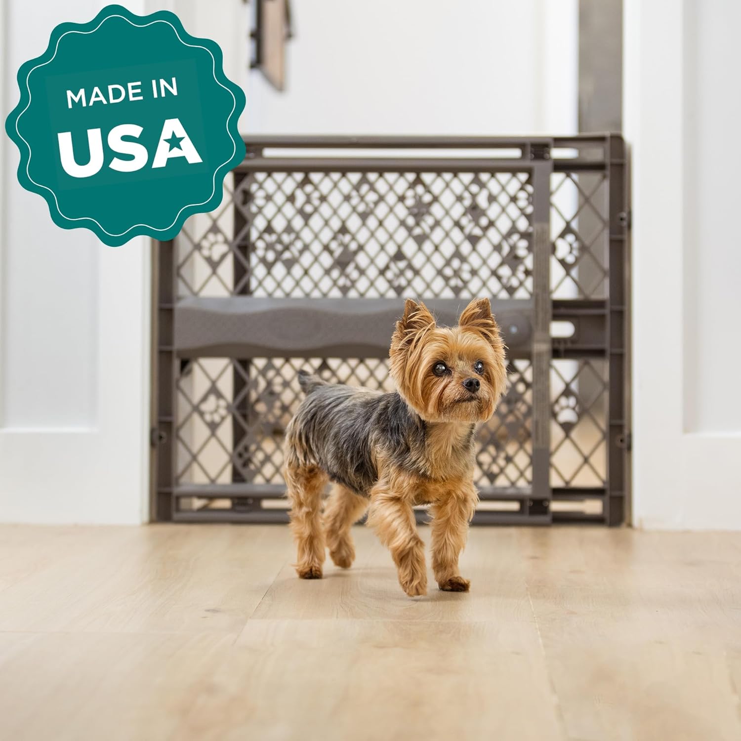 MYPET North States Paws Portable Pet Gate: 26-40″ Wide. Pressure Mount. No Tools Needed. Made in USA. Dog Gate 23″ Tall, Expandable, Durable Dog Gates for Doorways, Fieldstone Gray