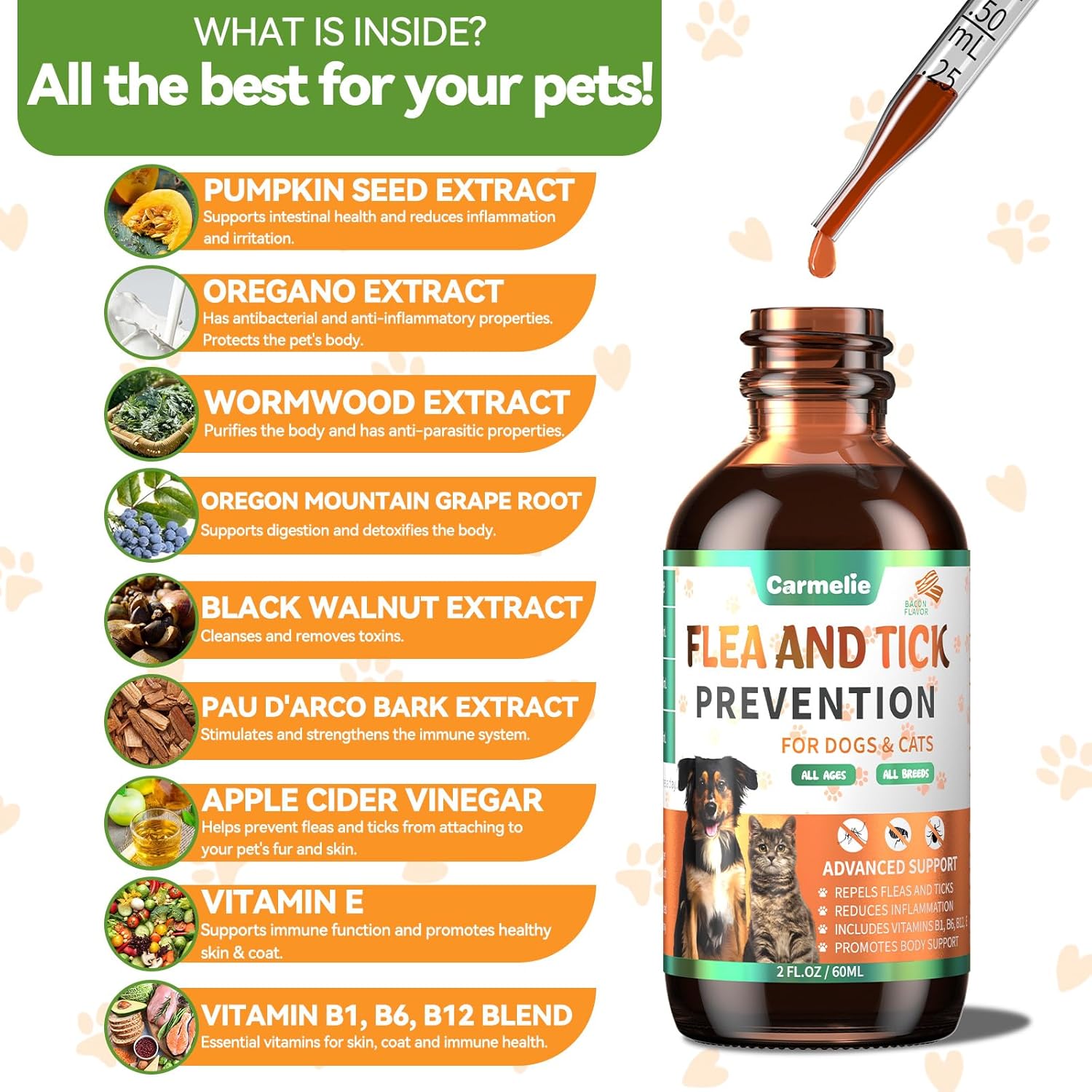 Oral Flea and Tick Prevention for Dogs and Cats, Natural Dog Flea and Tick Treatment, Cat Flea Control Medicine & Treatment, Flea Drops Supplements with Vitamin for Pets – All Breeds and Ages – Bacon